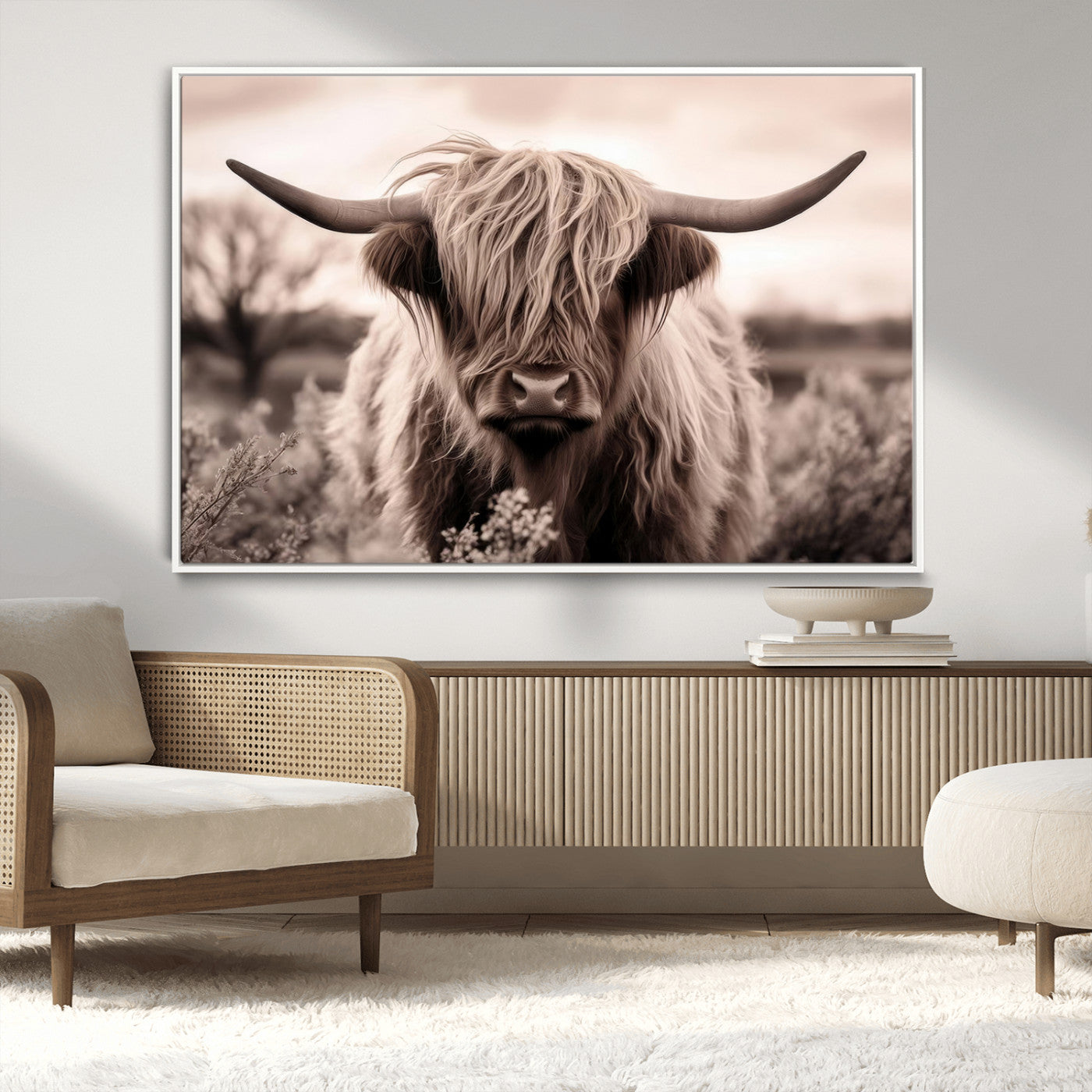 55903-MGV-CV-36X24-Highland Cow Wall Art – Rustic Sepia Scottish Highland Bull Canvas Print, Farmhouse Country Animal Decor for Living Room, Bedroom