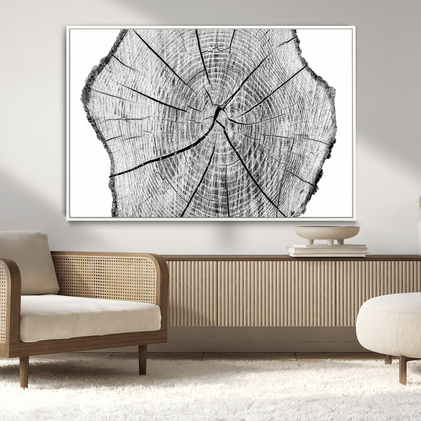 98709-MGV-CV-36X24-Tree Ring Wall Art – Black and White Canvas Print Rustic Wood Cross Section, Minimal Nature Inspired Decor for Living Room,