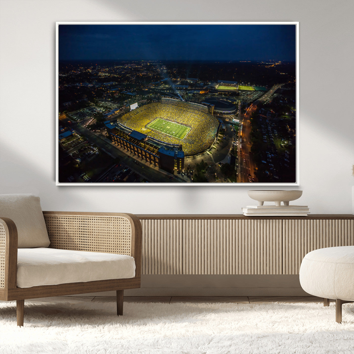 33588-MGV-CV-36X24-Football Stadium Wall Art – Aerial Night Game Canvas Print Packed Field City Lights, Sports Photography Decor for Game Room, Man