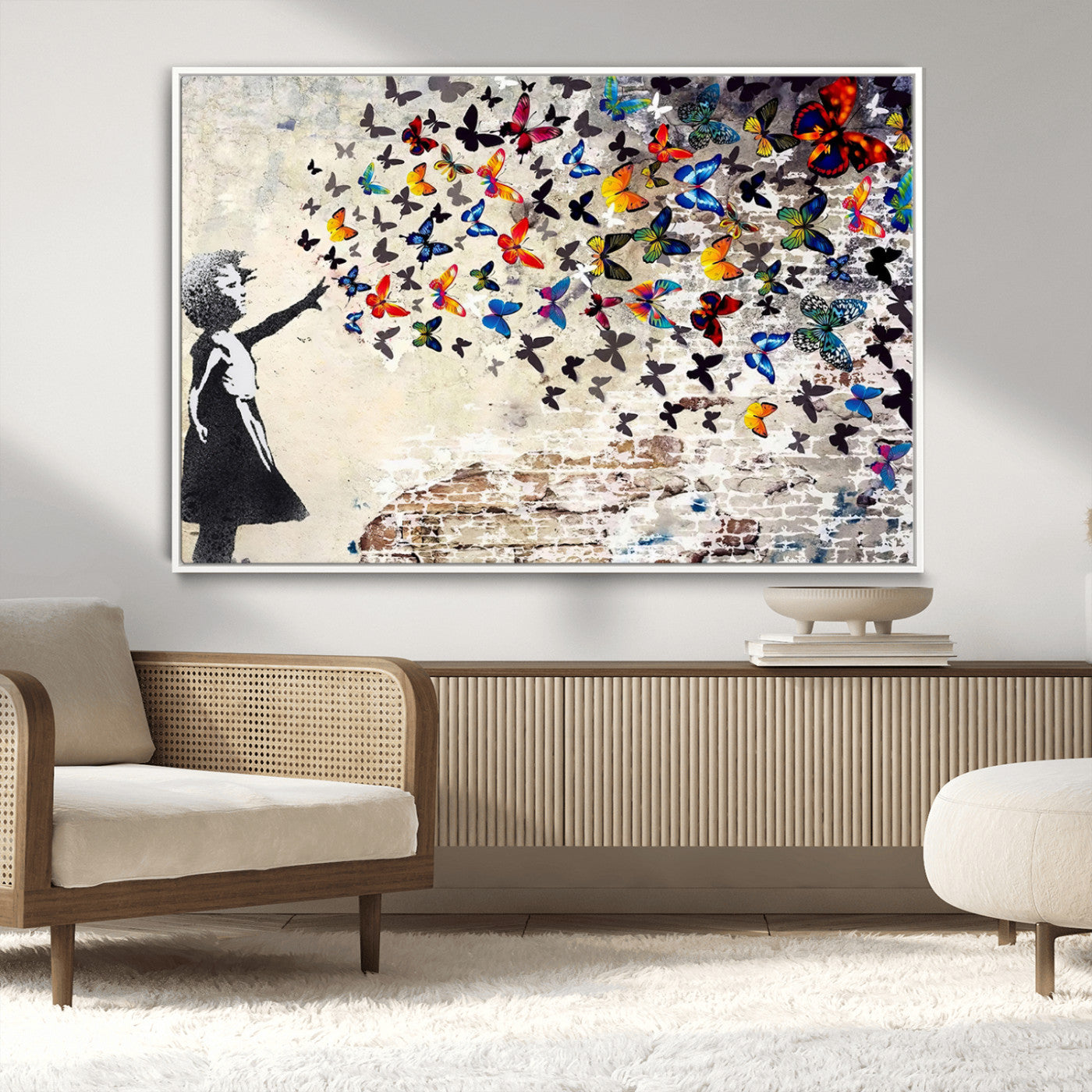 97895-MGV-CV-36X24-Girl with Butterflies Wall Art – Colorful Street Art Style Canvas Print, Modern Graffiti-Inspired Butterfly Artwork for Living