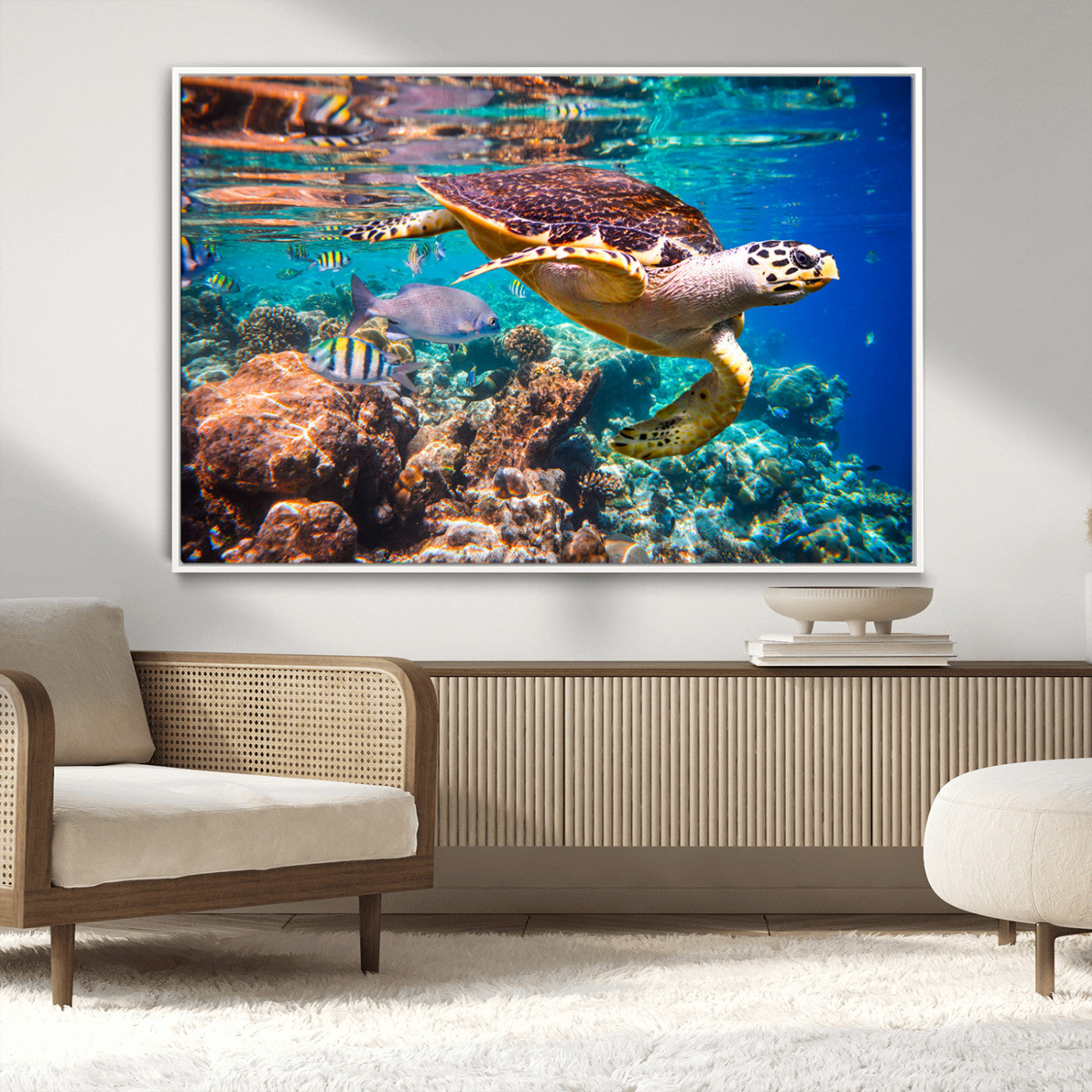 66614-MGV-CV-36X24-Sea Turtle Wall Art – Hawksbill Turtle Swimming Over Coral Reef Canvas Print, Ocean Marine Life Decor for Beach House, Coastal