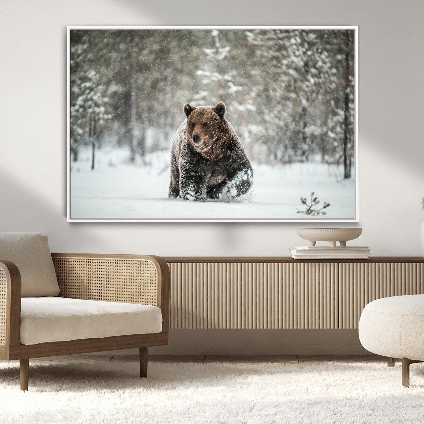 43350-MGV-CV-36X24-Wild Bear in Snow Wall Art – Majestic Wildlife Photography Print, Winter Forest Nature Decor for Cabin, Lodge, Rustic Home,