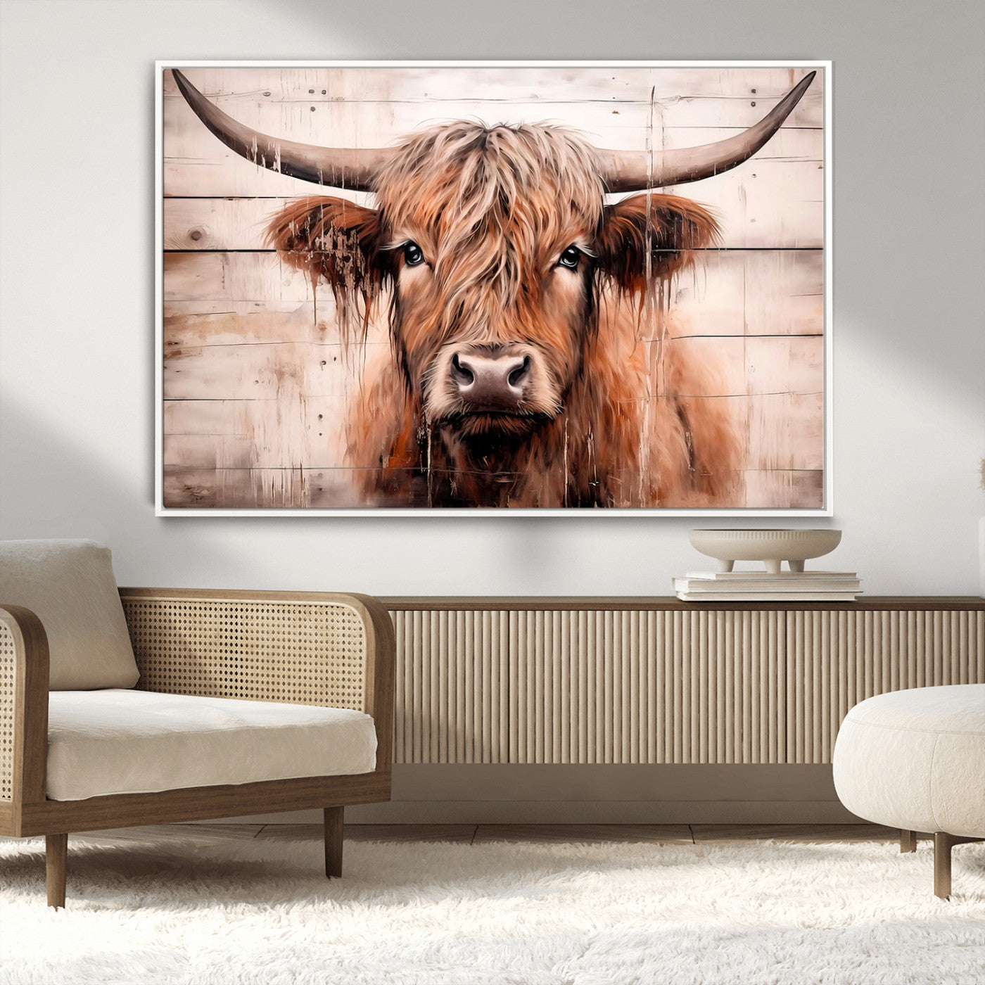 93730-MGV-CV-36X24-Scottish Cow Wall Art Canvas Print, Framed Longhorn Cow Art Picture Print, Highland Cattle Perfect Rustic Farmhouse Decor Artwork