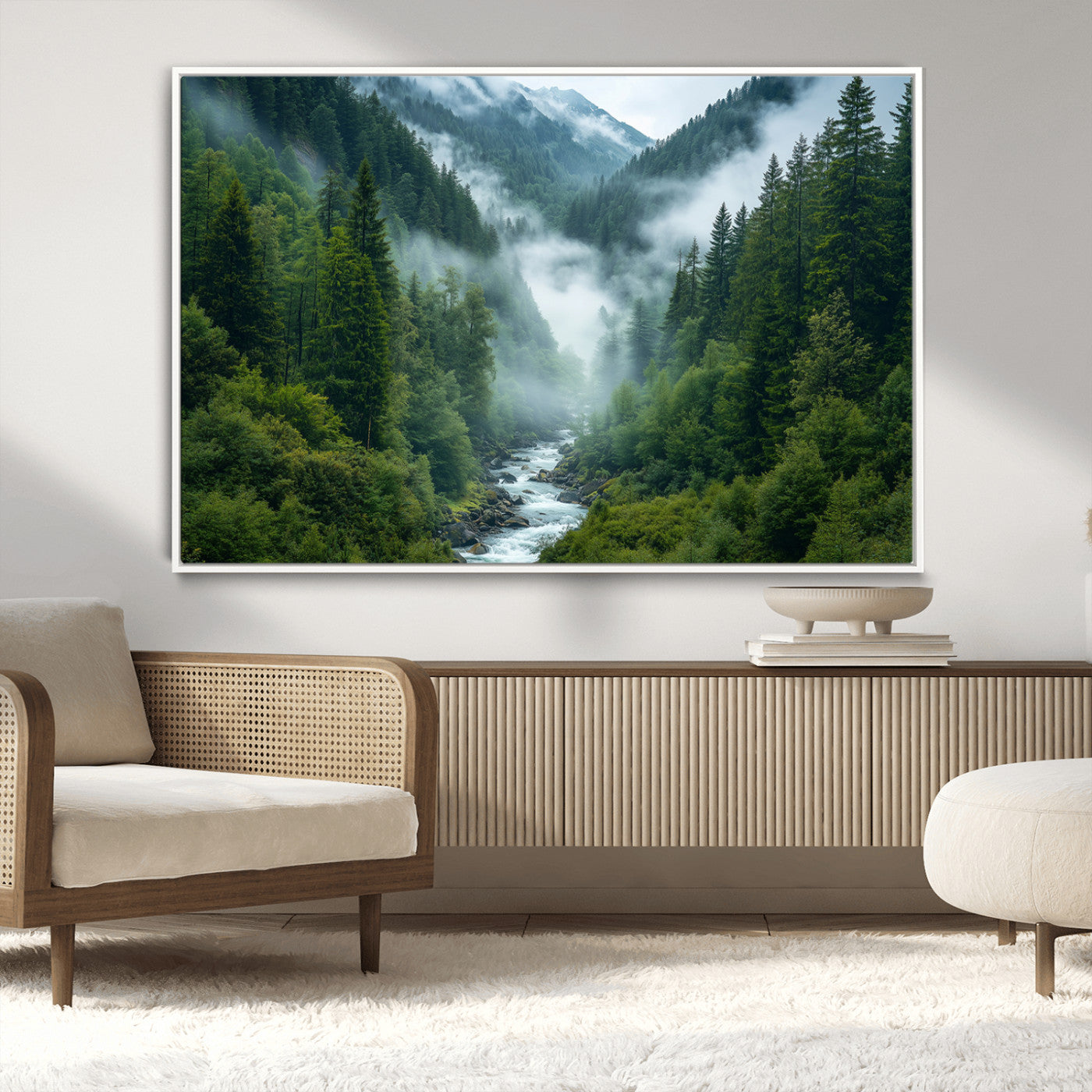 69453-MGV-CV-36X24-Mountain Forest Wall Art – Misty River and Evergreen Landscape Canvas Print, Nature Photography Poster for Living Room, Bedroom,