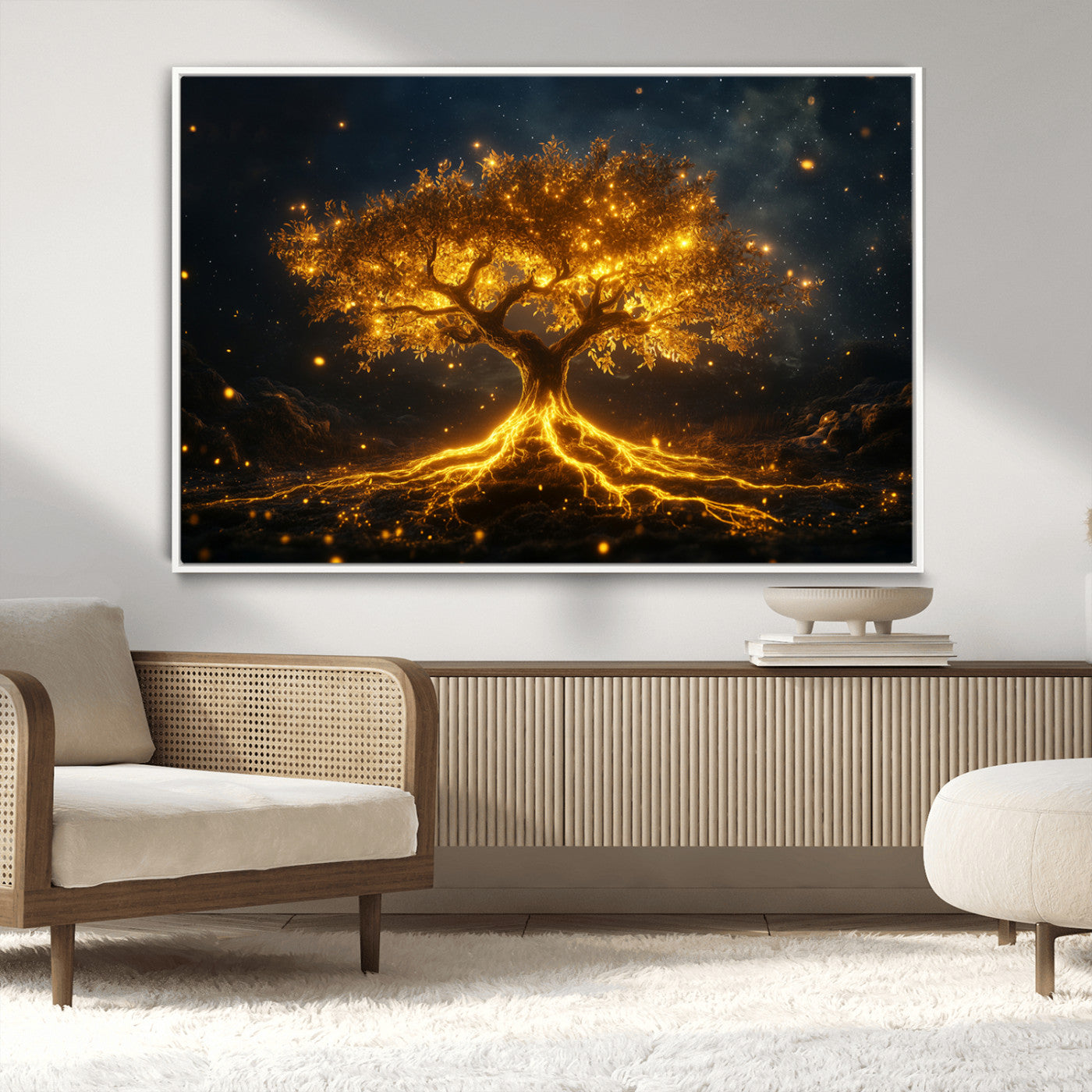 60194-MGV-CV-36X24-Glowing Tree Wall Art – Golden Roots Fantasy Canvas Print, Mystical Illuminated Tree Painting Poster for Living Room, Bedroom,