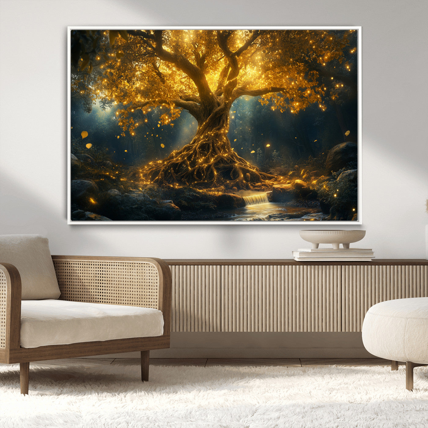 92739-MGV-CV-36X24-Glowing Tree Wall Art – Enchanted Golden Forest Canvas Print, Mystical Illuminated Nature Painting Poster for Living Room,