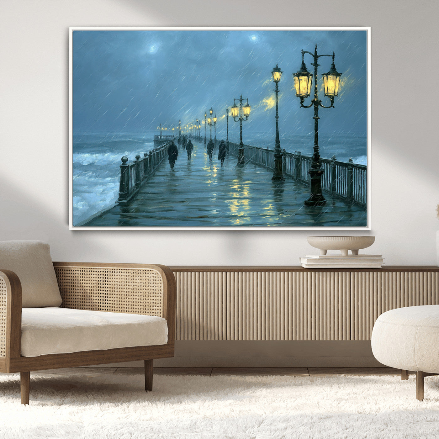 79606-MGV-CV-36X24-Rainy Pier Night Wall Art – Ocean Waves and Street Lamps Canvas Print, Moody Seascape Oil Painting Poster for Living Room,