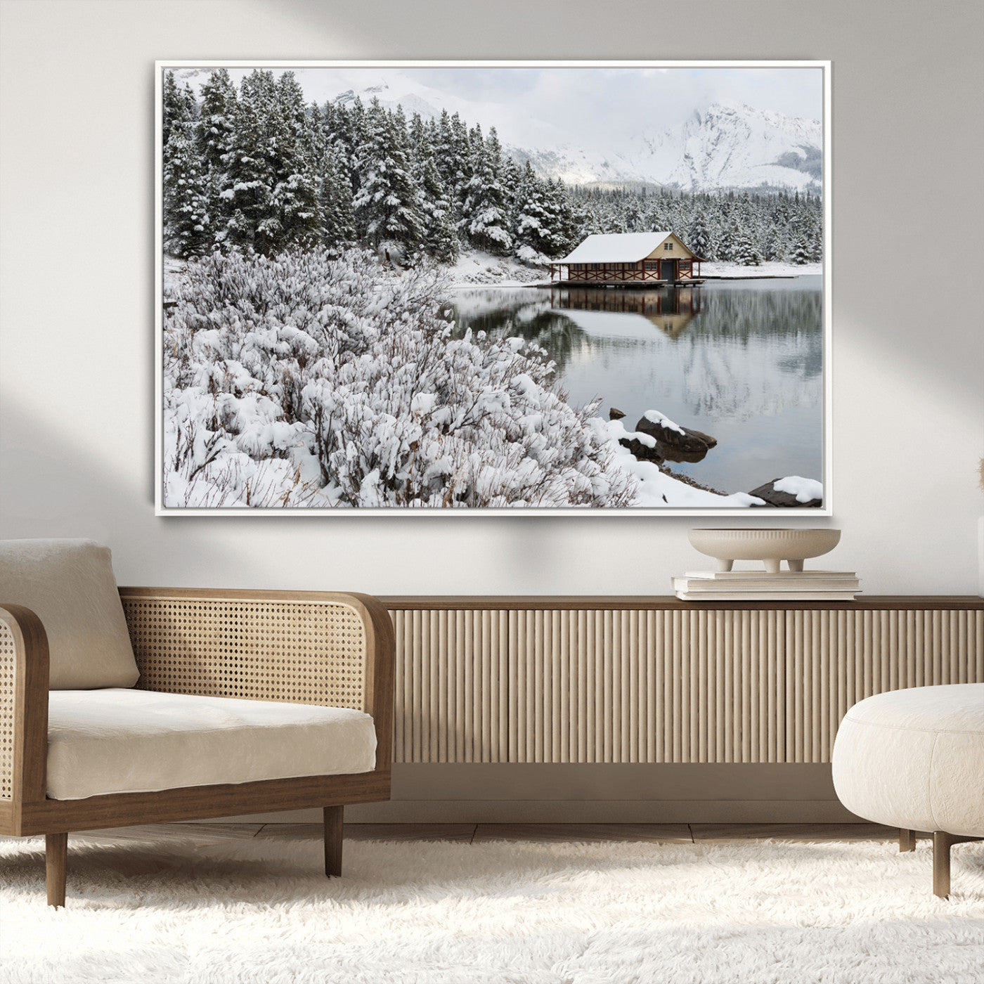 29975-MGV-CV-36X24-Winter Cabin by the Lake Wall Art – Snowy Mountain Landscape Canvas Print, Rustic Lodge Cabin Decor for Cozy Living Room, Bedroom