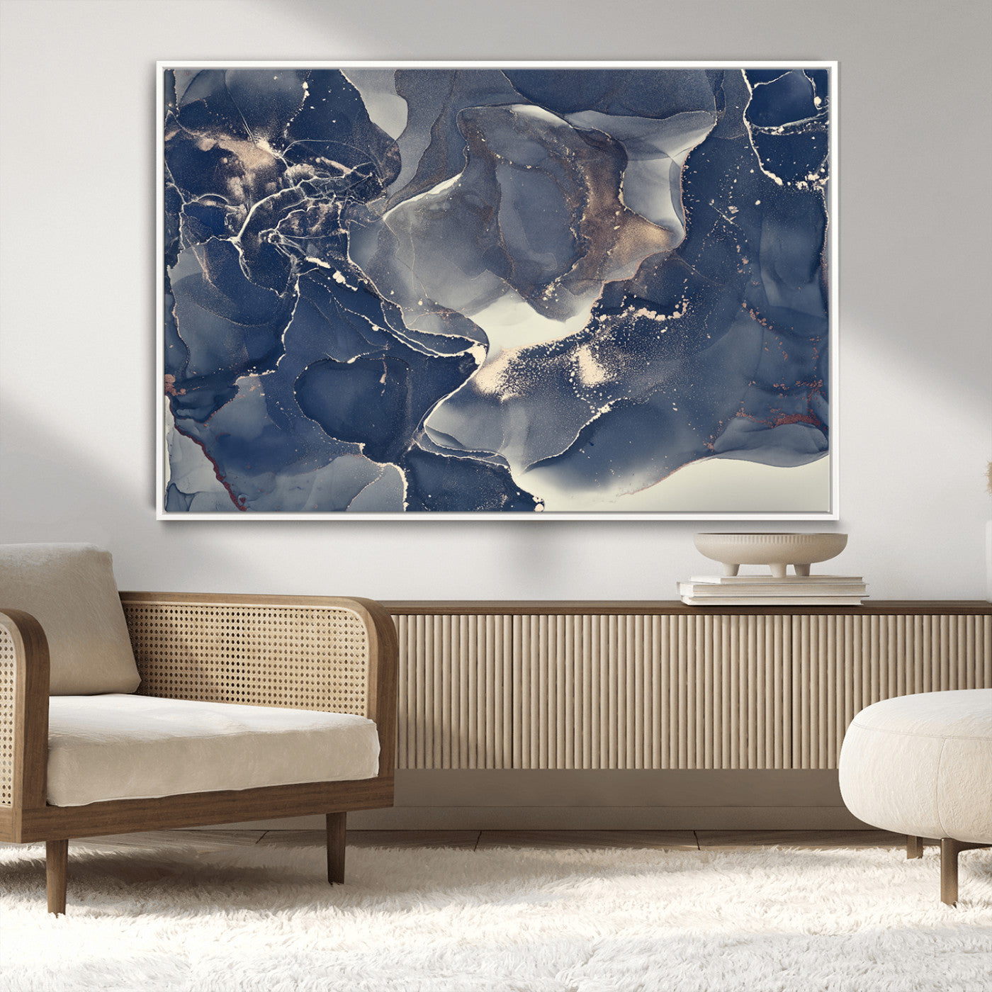 28282-MGV-FC-36X24_White-Blue Abstract Wall Art – Modern Ink Swirl Canvas Print, Contemporary Navy and Gold Painting for Living Room, Bedroom, Office or