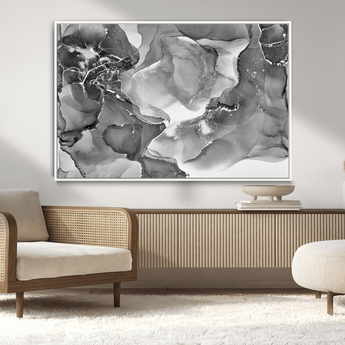 15911-MGV-CV-36X24-Black and White Abstract Wall Art – Modern Ink Swirl Canvas Print, Minimalist Contemporary Painting for Living Room, Bedroom,