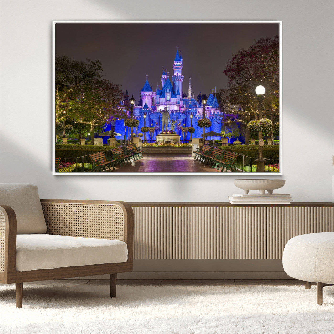 63560-MGV-CV-36X24-Fairy Tale Castle Wall Art – Magical Night Scene Canvas Print with Lights and Gardens, Fantasy Architecture Artwork for Living