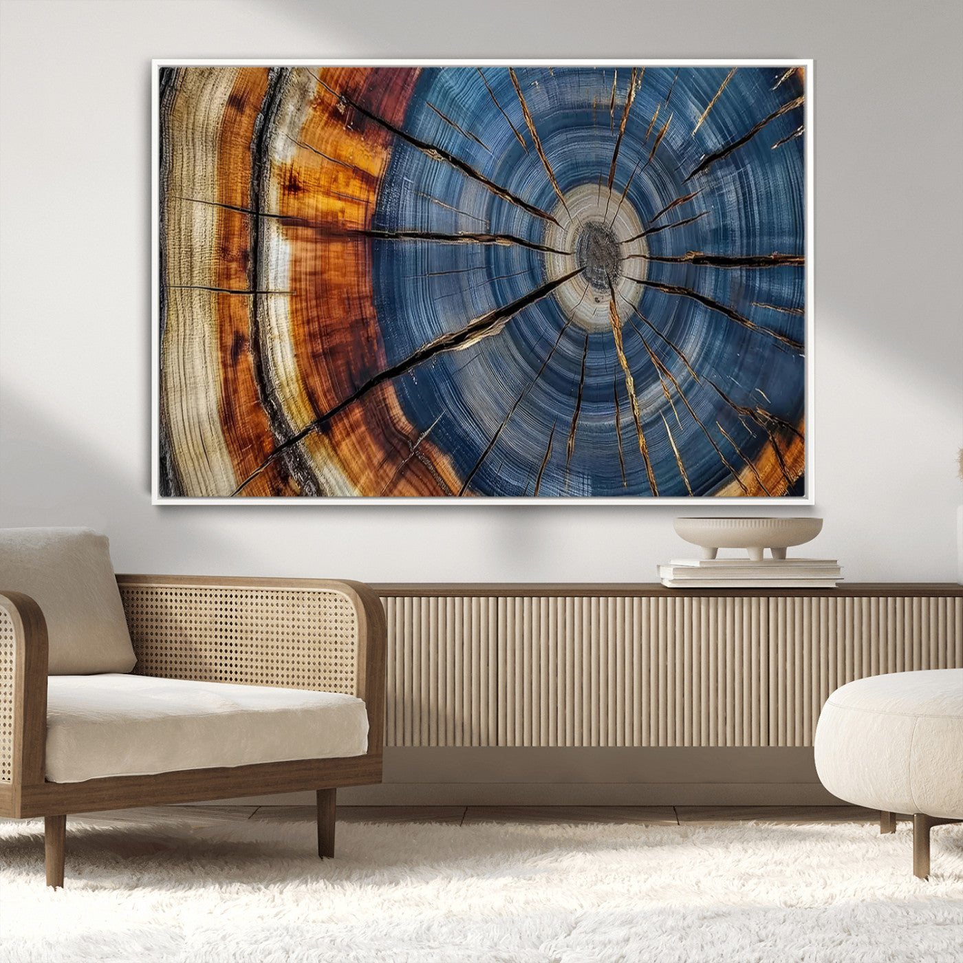 10583-MGV-CV-36X24-Tree Ring Wall Art – Abstract Wood Grain Canvas Print with Blue and Brown Tones, Nature Inspired Rustic Artwork for Living Room,