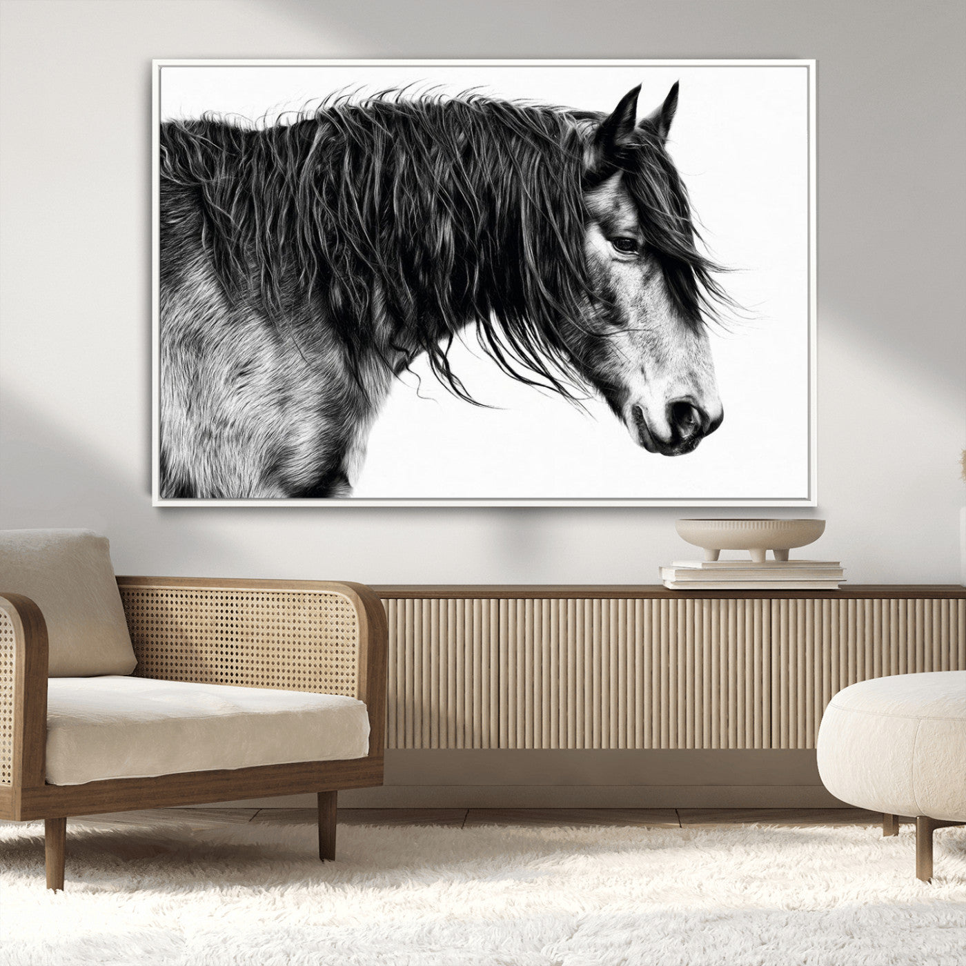 57694-MGV-CV-36X24-Horse Portrait Wall Art – Black and White Canvas Print with Detailed Stallion Profile, Rustic Farmhouse Equestrian Artwork for