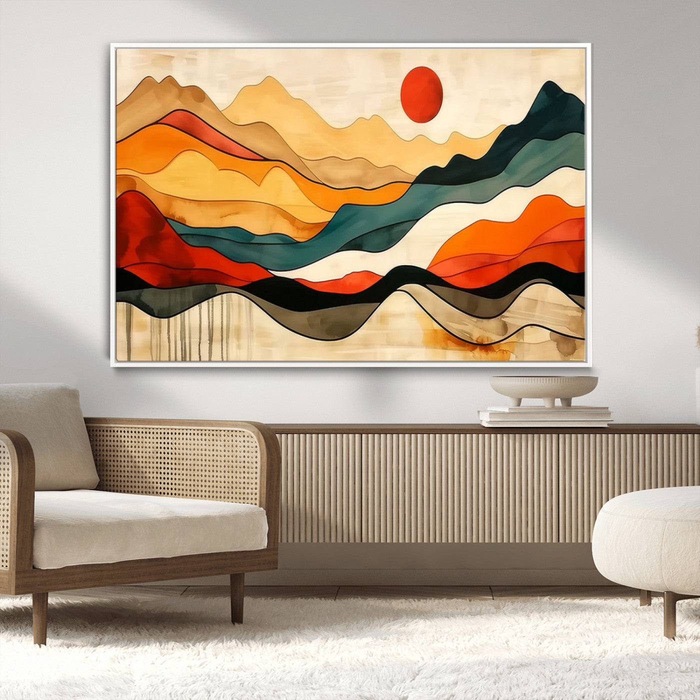 71582-MGV-CV-36X24-Abstract Mountain Landscape Wall Art – Warm Sunset Horizon Canvas Print with Bold Earthy Colors, Modern Boho Style Décor for