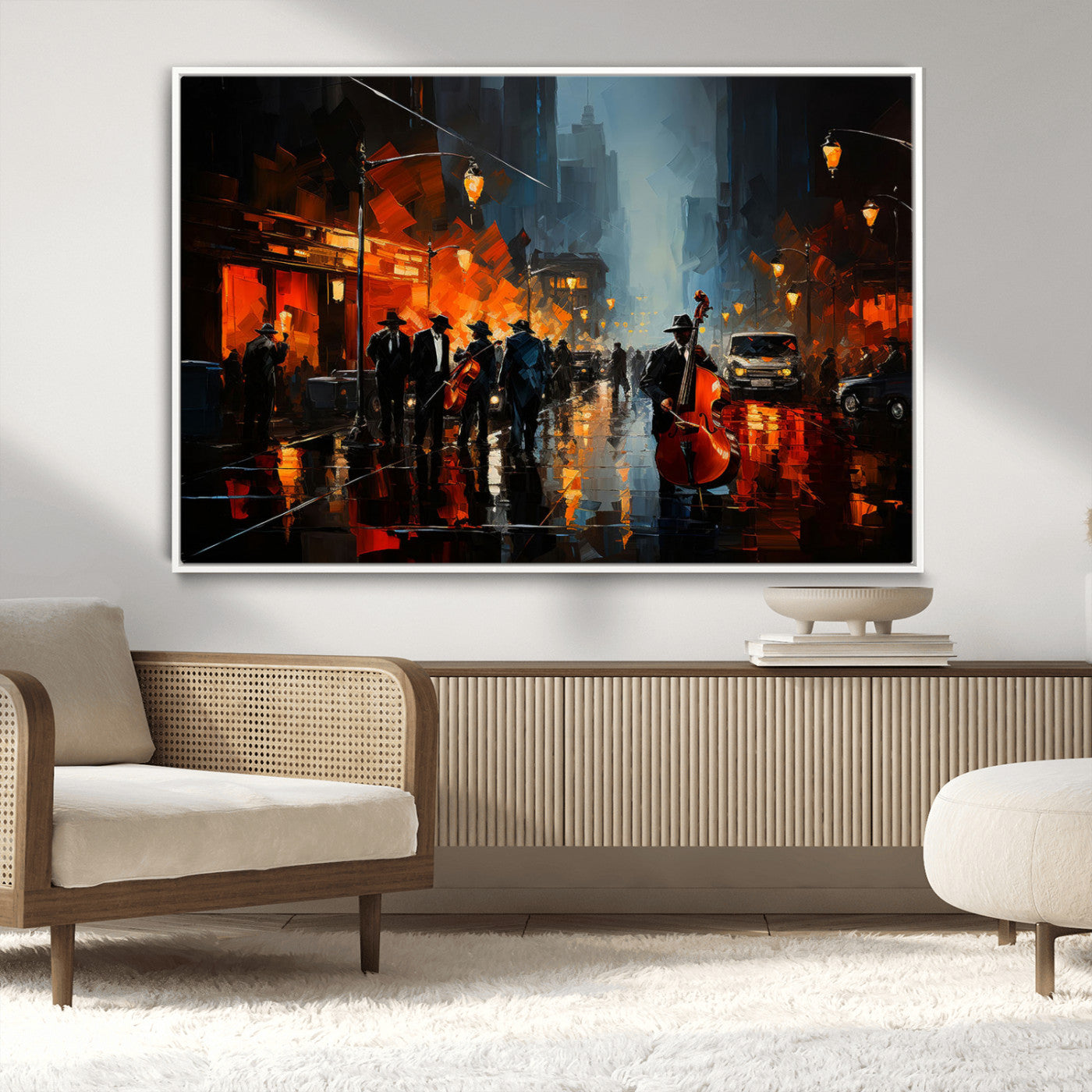 32816-MGV-CV-36X24-City Jazz Night Wall Art – Modern Abstract Urban Street Scene Canvas Print, Moody Music-Themed Decor for Living Room, Office, or