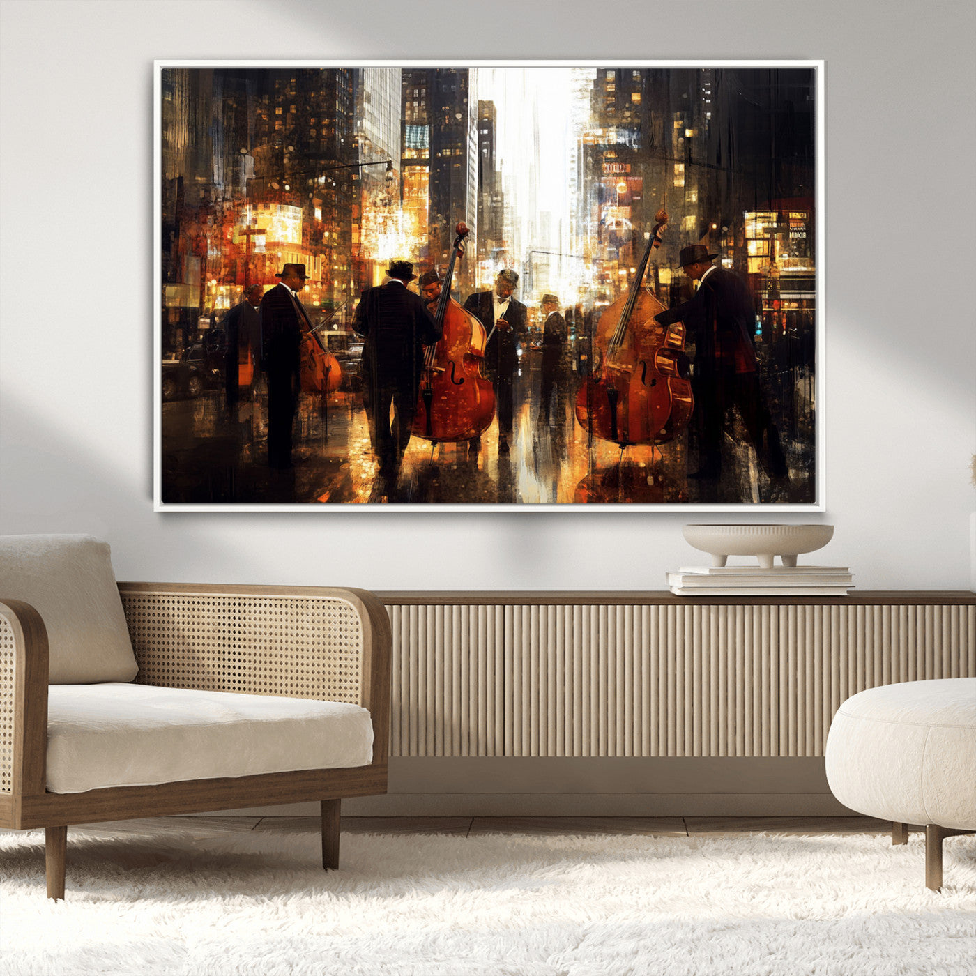 58782-MGV-CV-36X24-Jazz Musicians Cityscape Wall Art – Vibrant Urban Night Canvas Print, Elegant Music Themed Decor for Living Room, Office, or Music