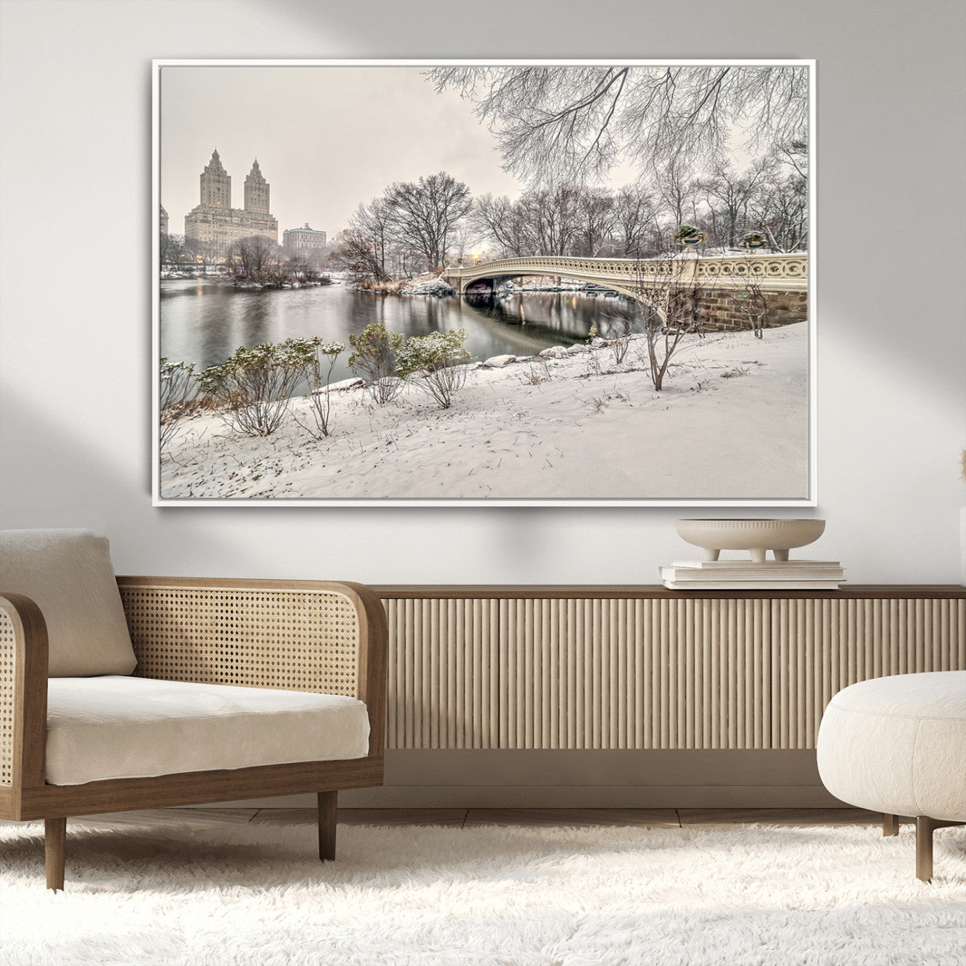 60292-MGV-CV-36X24-Central Park Winter Wall Art – Snowy Bow Bridge Canvas Print, Scenic New York City Landscape Photography for Living Room, Bedroom