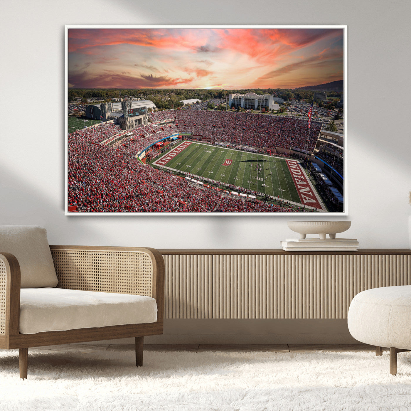 51135-MGV-CV-36X24-Indiana Hoosiers Stadium Wall Art – Panoramic Football Canvas Print with Game Day Crowd and Sunset Sky, Sports Artwork for Man