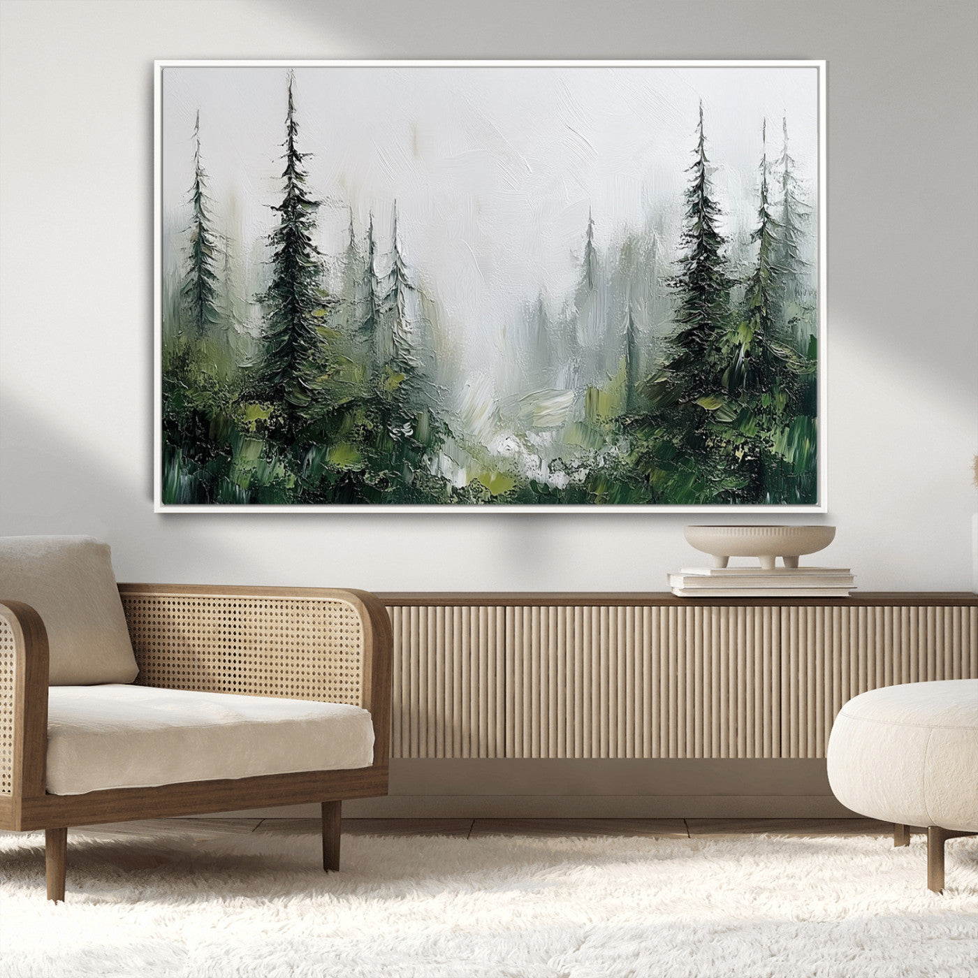 76014-MGV-CV-36X24-Forest Wall Art – Textured Canvas Print Featuring Misty Evergreen Pines and Woodland Landscape, Rustic Nature Artwork for Living