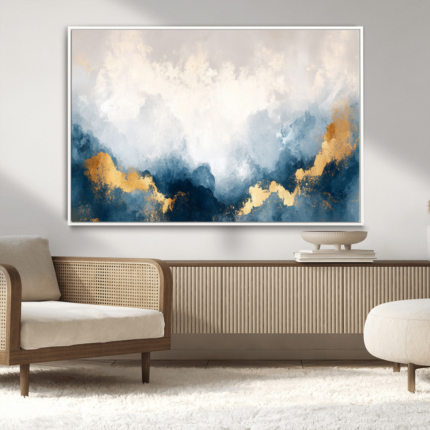 14578-MGV-CV-36X24-Abstract Wall Art – Modern Canvas Print Featuring Blue and White Clouds with Golden Accents, Contemporary Elegant Artwork for