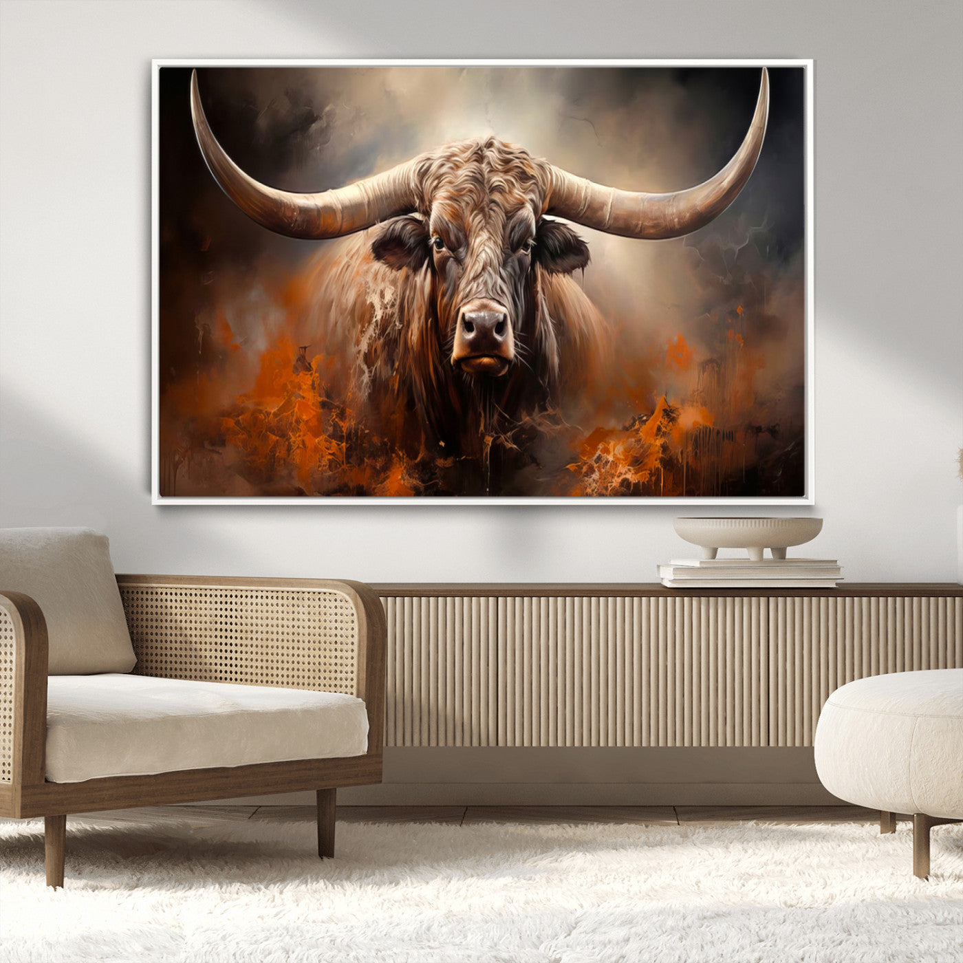 240479-MGV-CV-36X24-Longhorn Bull Wall Art – Dramatic Western Canvas Print Featuring Horned Bull with Fiery Background, Rustic Farmhouse Artwork for