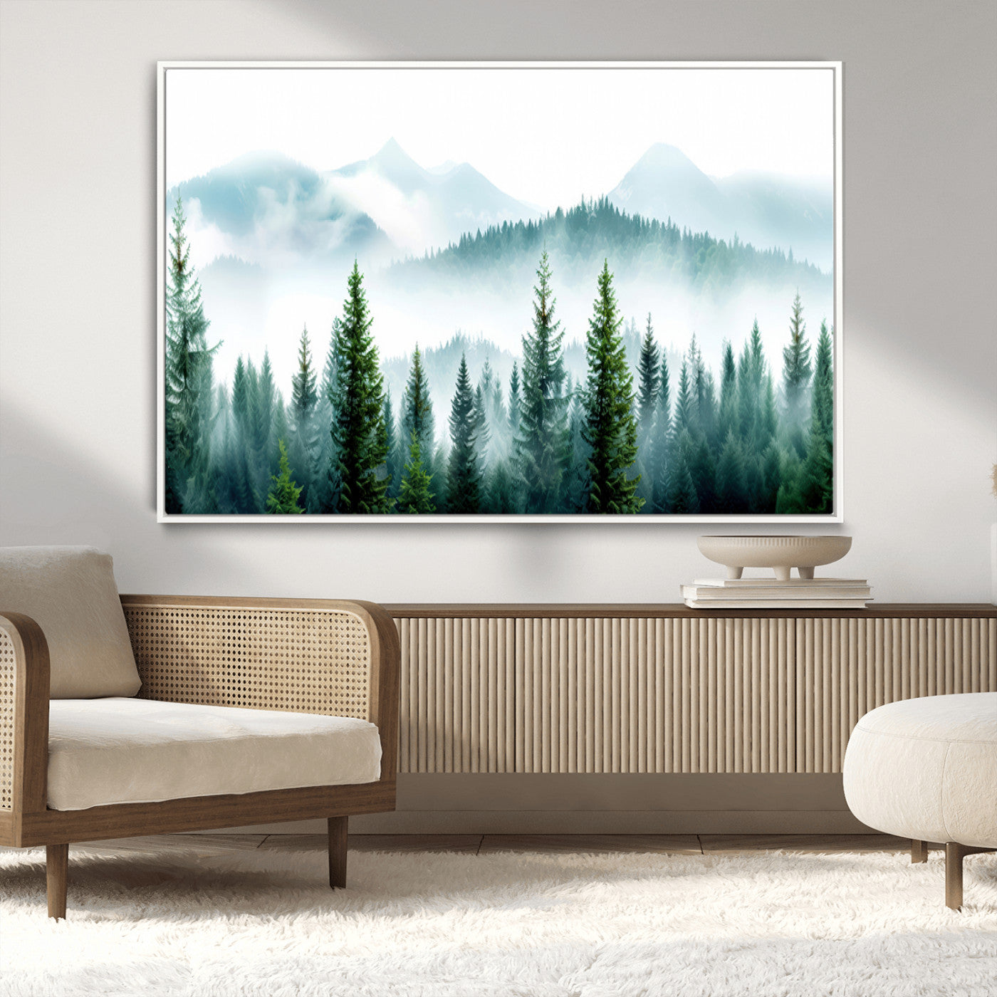 16716676-MGV-CV-36X24-Pine Forest Wall Art Canvas Print, Framed Misty Mountains Art Picture Print, Foggy Trees Perfect Moody Forest Decor Artwork