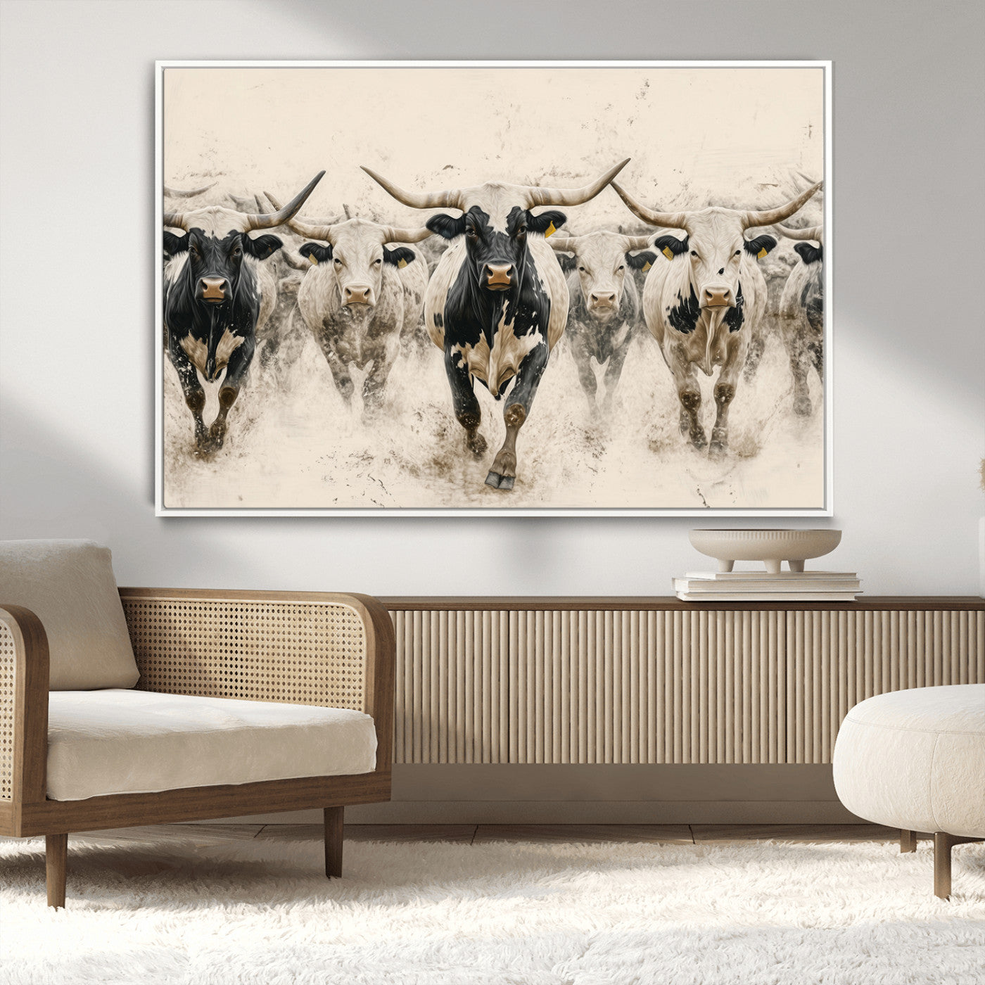 61538944-MGV-CV-36X24-Texas Longhorn Wall Art Canvas Print, Framed Cattles Walking Art Picture Print, Black White Bulls Perfect Rustic Western Decor