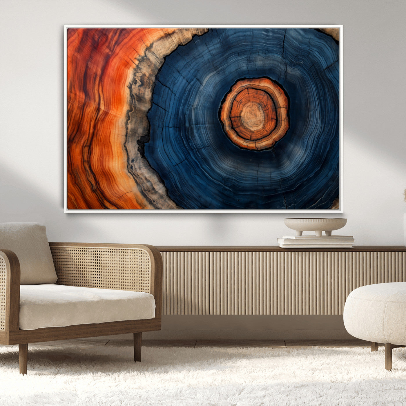 72209152-MGV-CV-36X24-Abstract Tree Ring Wall Art – Vibrant Blue Orange Wood Grain Canvas Print, Rustic Modern Nature Artwork for Living Room, Office,