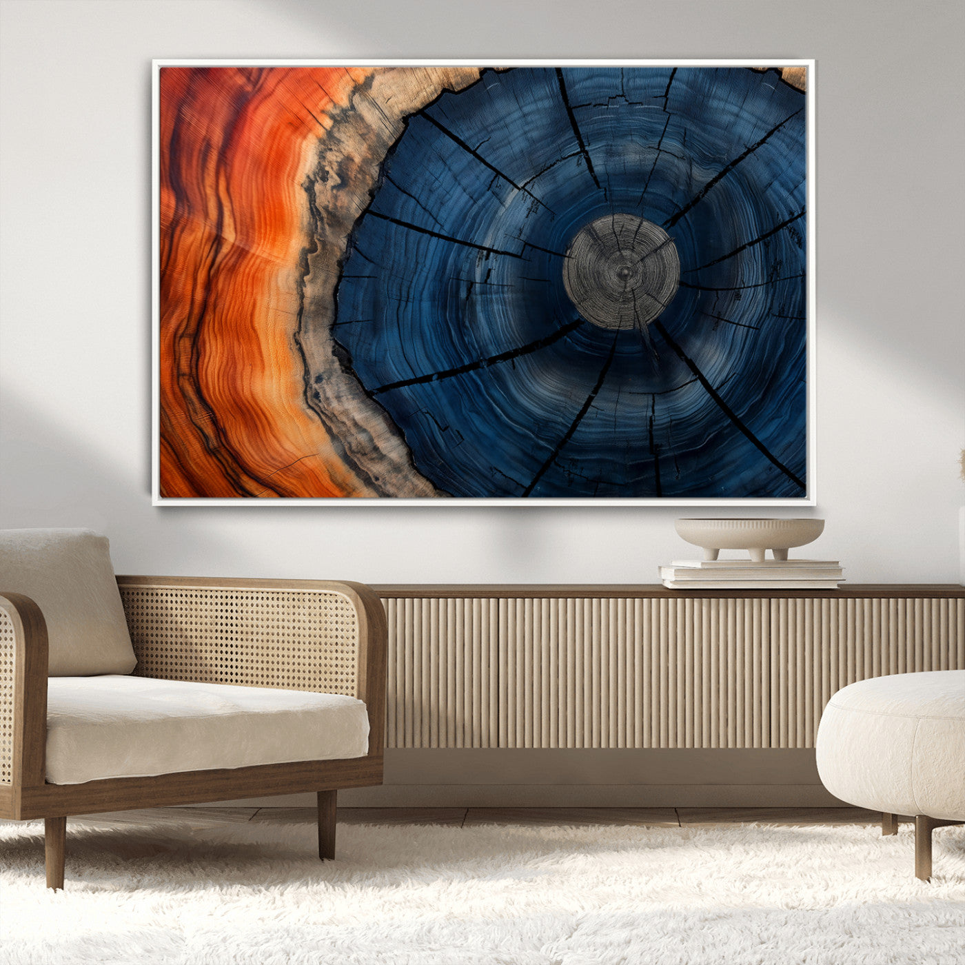 26110607-MGV-CV-36X24-Blue and Orange Tree Ring Wall Art – Abstract Wood Cross Section Canvas Print, Modern Rustic Nature Decor for Living Room, Office,