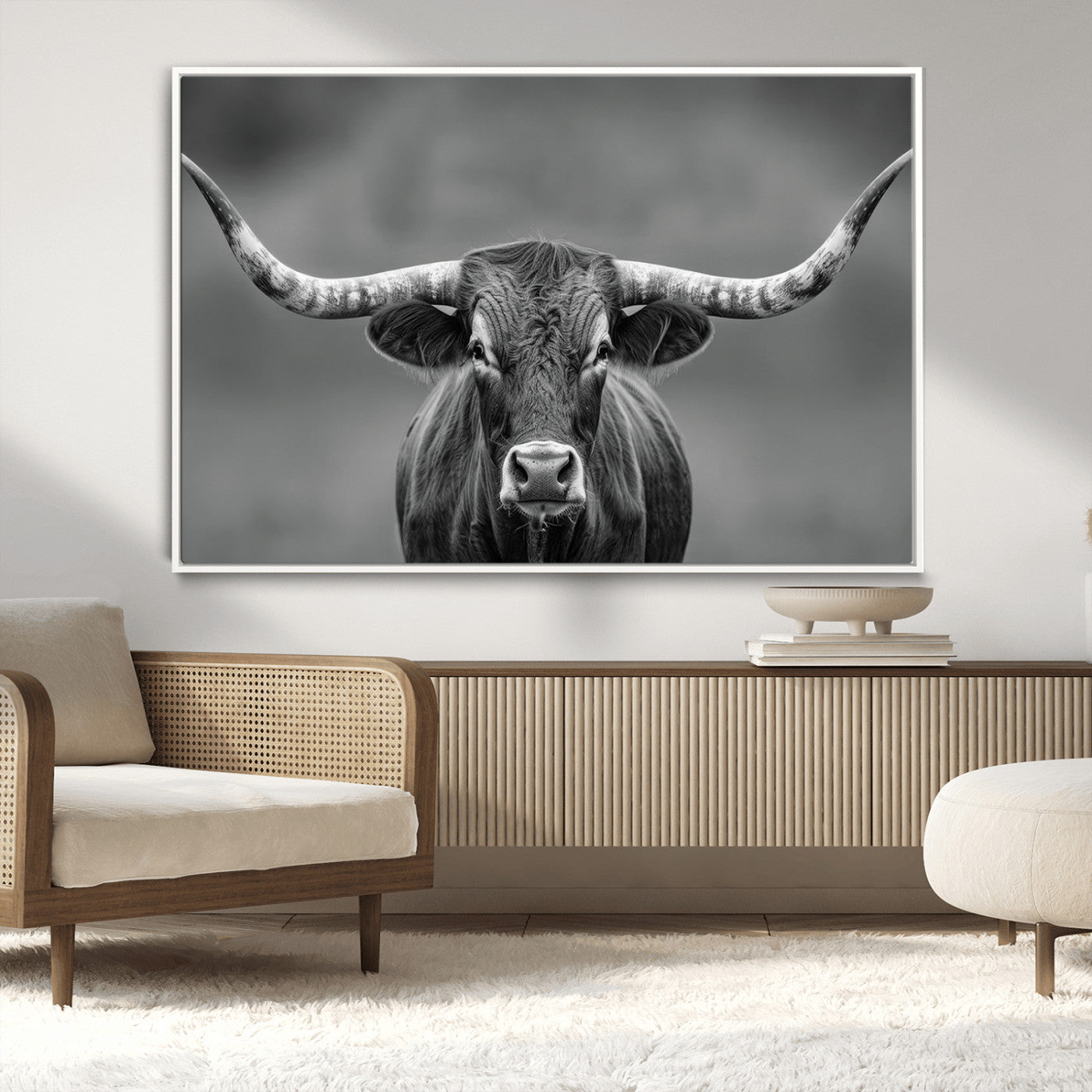 81228550-MGV-CV-36X24-Framed Texas Longhorn Bull Art Canvas Print, Western Bull Wall Art Print, Long Horn Bull Photo Print for Log Cabin, Large Bull