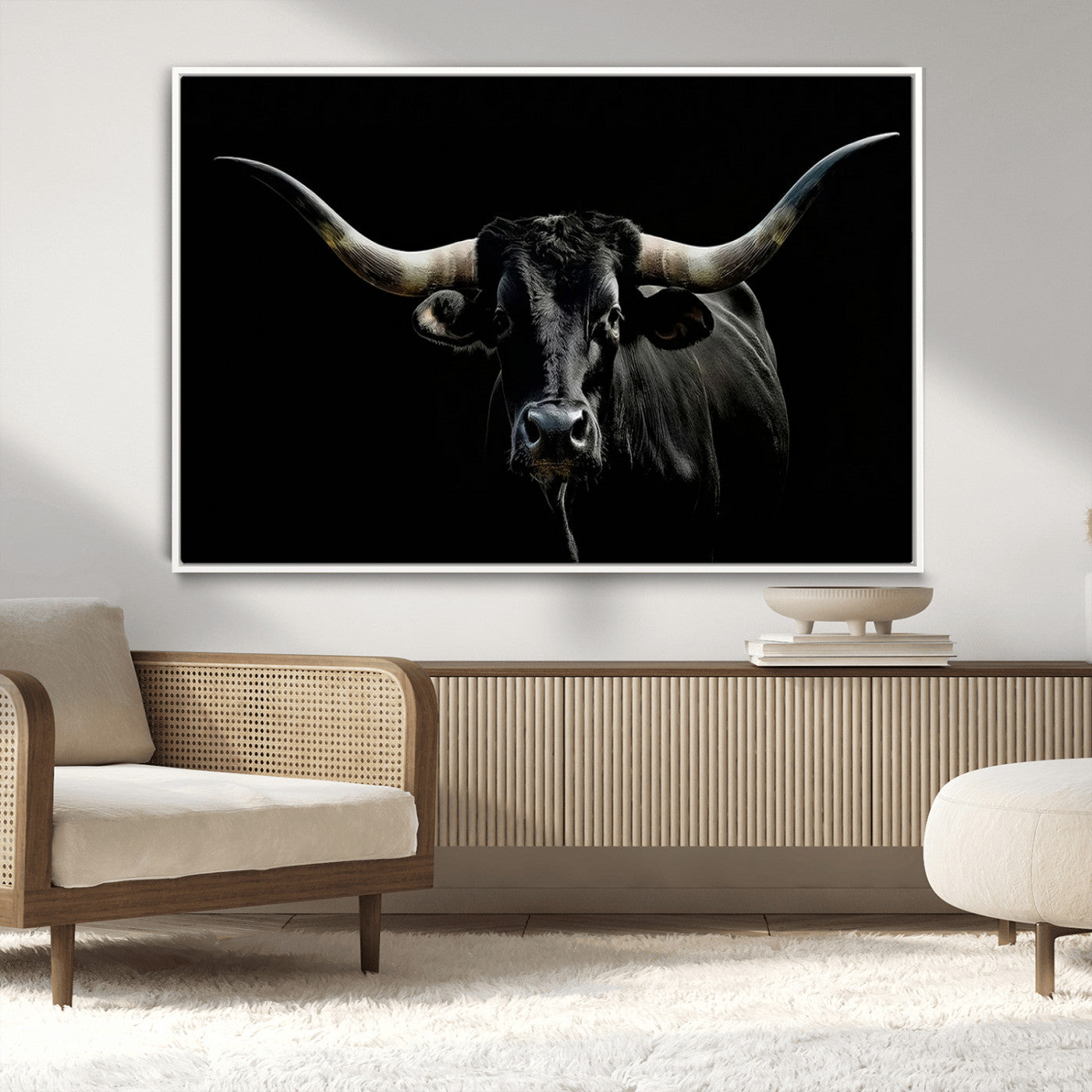 37531960-MGV-CV-36X24-Black Longhorn Bull Wall Art – Dramatic Western Cattle Canvas Print, Rustic Farmhouse Animal Artwork for Living Room, Bedroom,