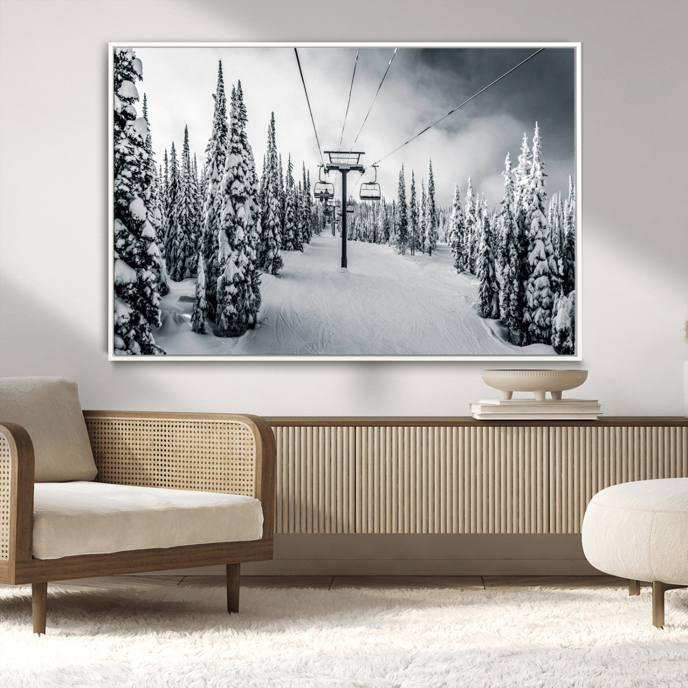 31156828-MGV-CV-36X24-Snowy Pines Wall Art Canvas Print, Framed Ski Lift Art Picture Print, Winter Forest Perfect Moody Lodge Decor Artwork