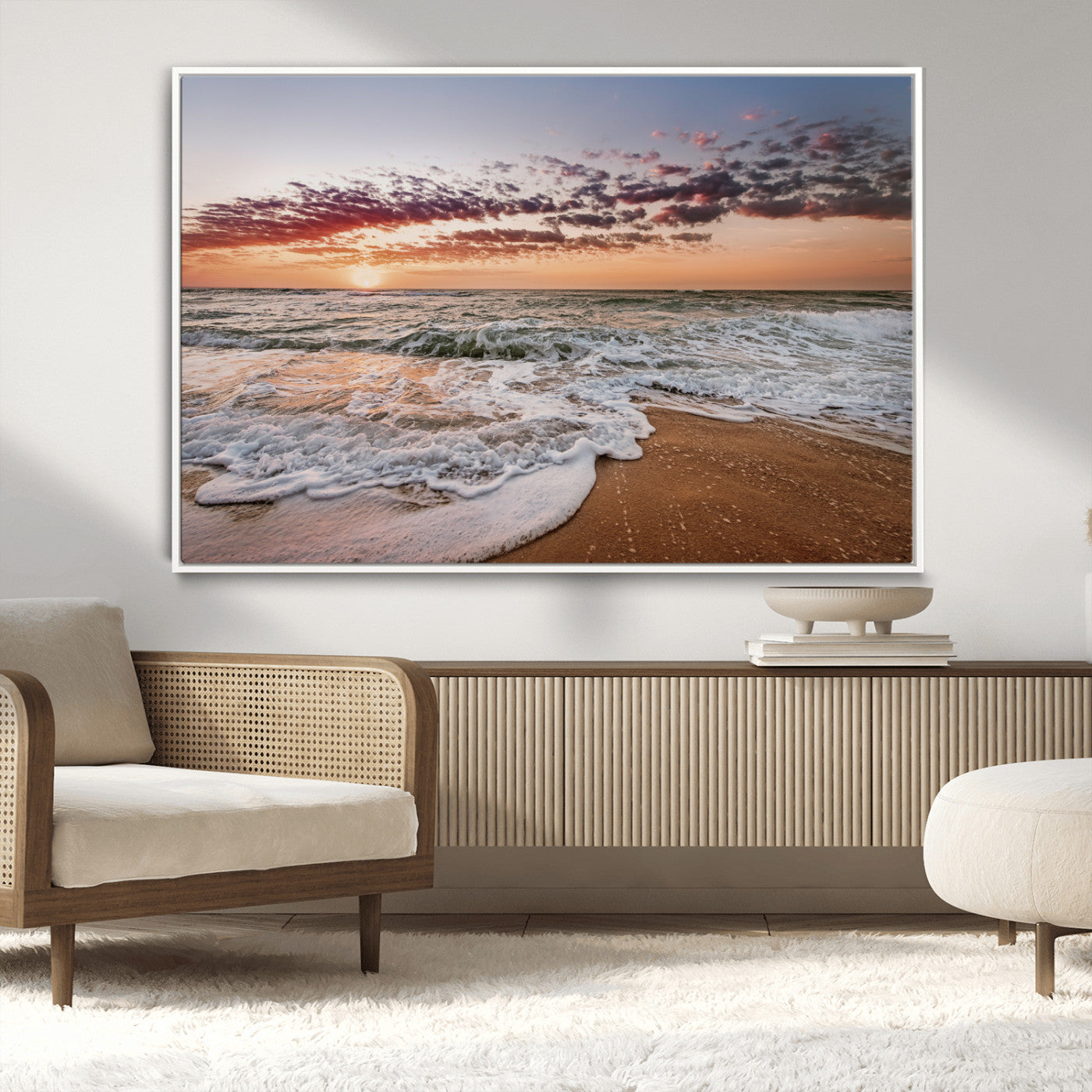 39846389-MGV-FC-36X24_White-Ocean Sunset Wall Art Canvas Print, Framed Sandy Shore Art Picture Print, Gentle Waves Perfect Minimalist Coastal Decor Artwork