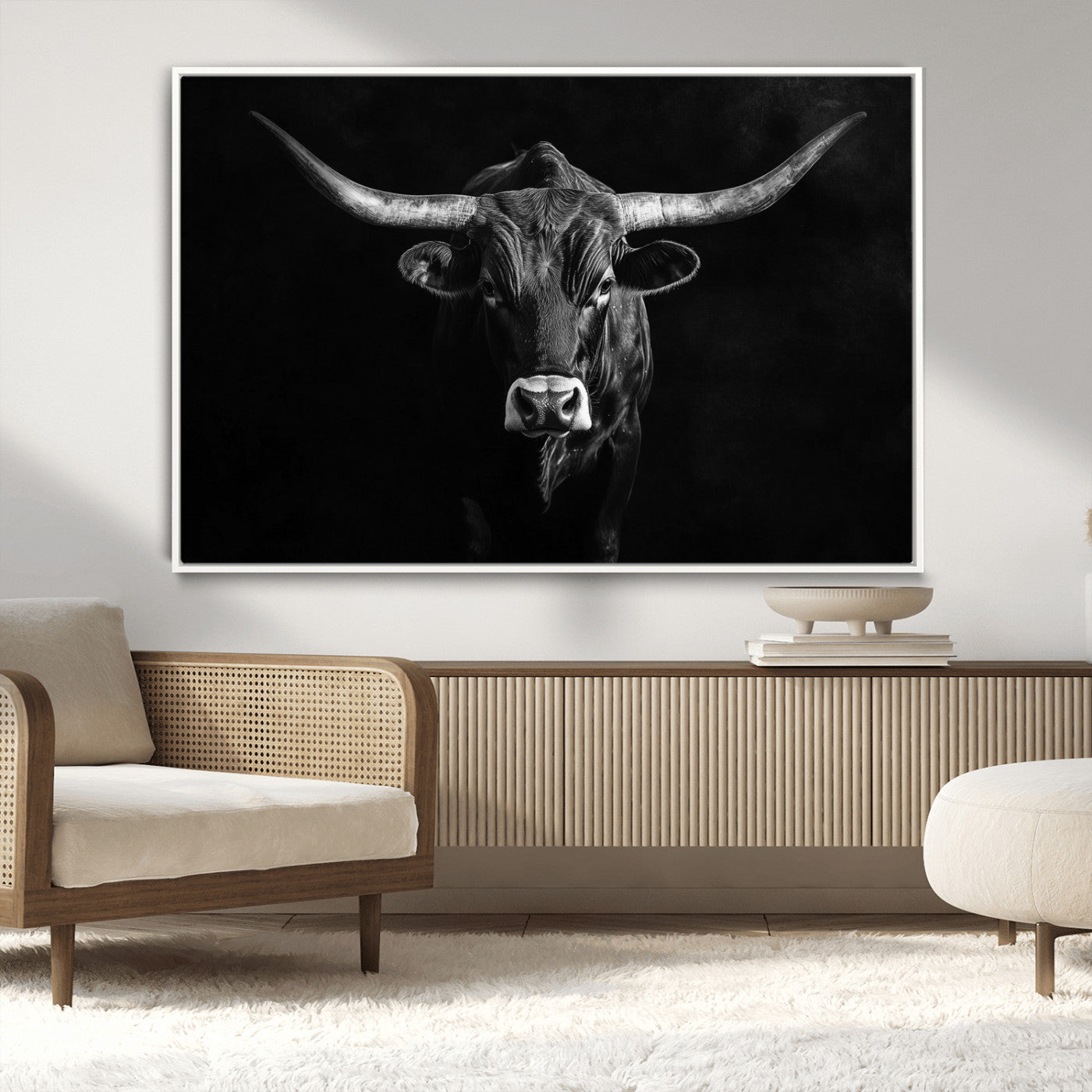 42077175-MGV-FC-36X24_White-Texas Longhorn Wall Art Canvas Print, Framed Monochrome Bull Art Picture Print, Horned Bull Perfect Rustic Western Decor Artwork