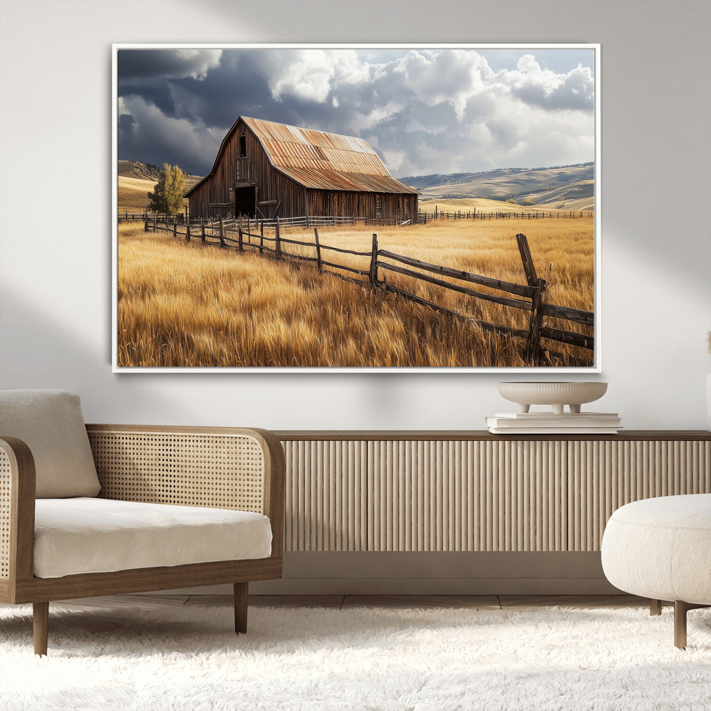 38758826-MGV-CV-36X24-Rustic Barn Wall Art Canvas Print, Framed Moody Barn Art Picture Print, Golden Field Perfect Rustic Farmhouse Decor Artwork