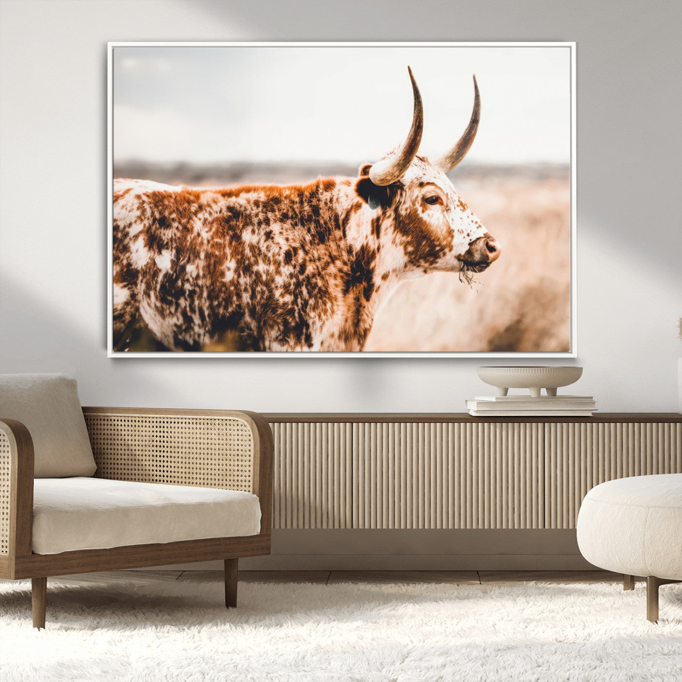 11528295-MGV-CV-36X24-Speckled Longhorn Wall Art Canvas Print, Framed Texas Cattle Art Picture Print, Horned Cow Perfect Rustic Western Decor Artwork