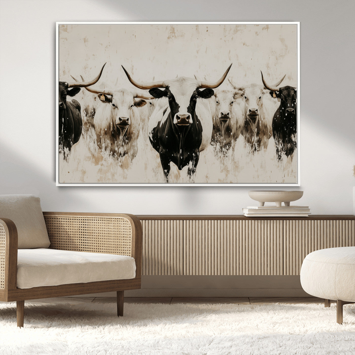 12027562-MGV-CV-36X24-Longhorn Cattle Wall Art Canvas Print, Framed Bison Herd Art Picture Print, Cattle Group Perfect Rustic Farmhouse Decor Artwork