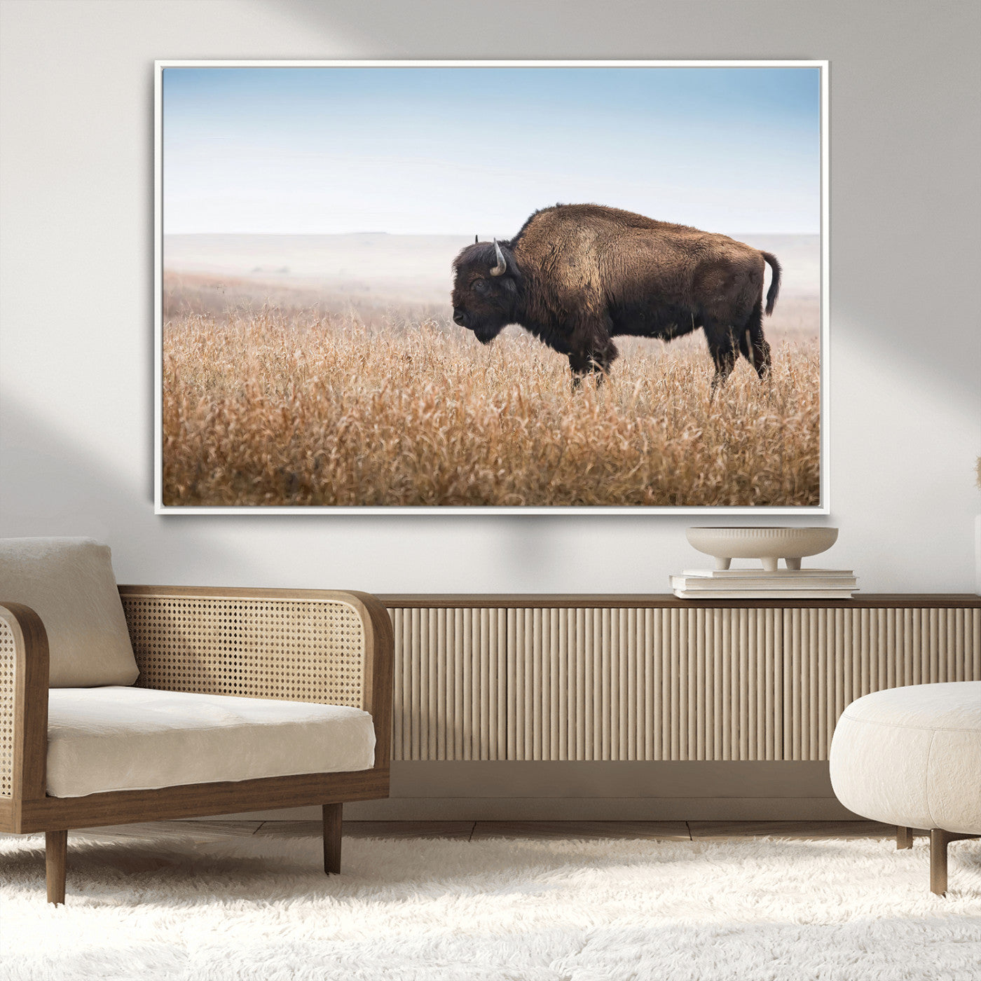 91267849-MGV-CV-36X24-Wild Bison Wall Art Canvas Print, Framed Bison in Prairie Art Picture Print, Rustic Western Perfect Rustic Western Decor Artwork