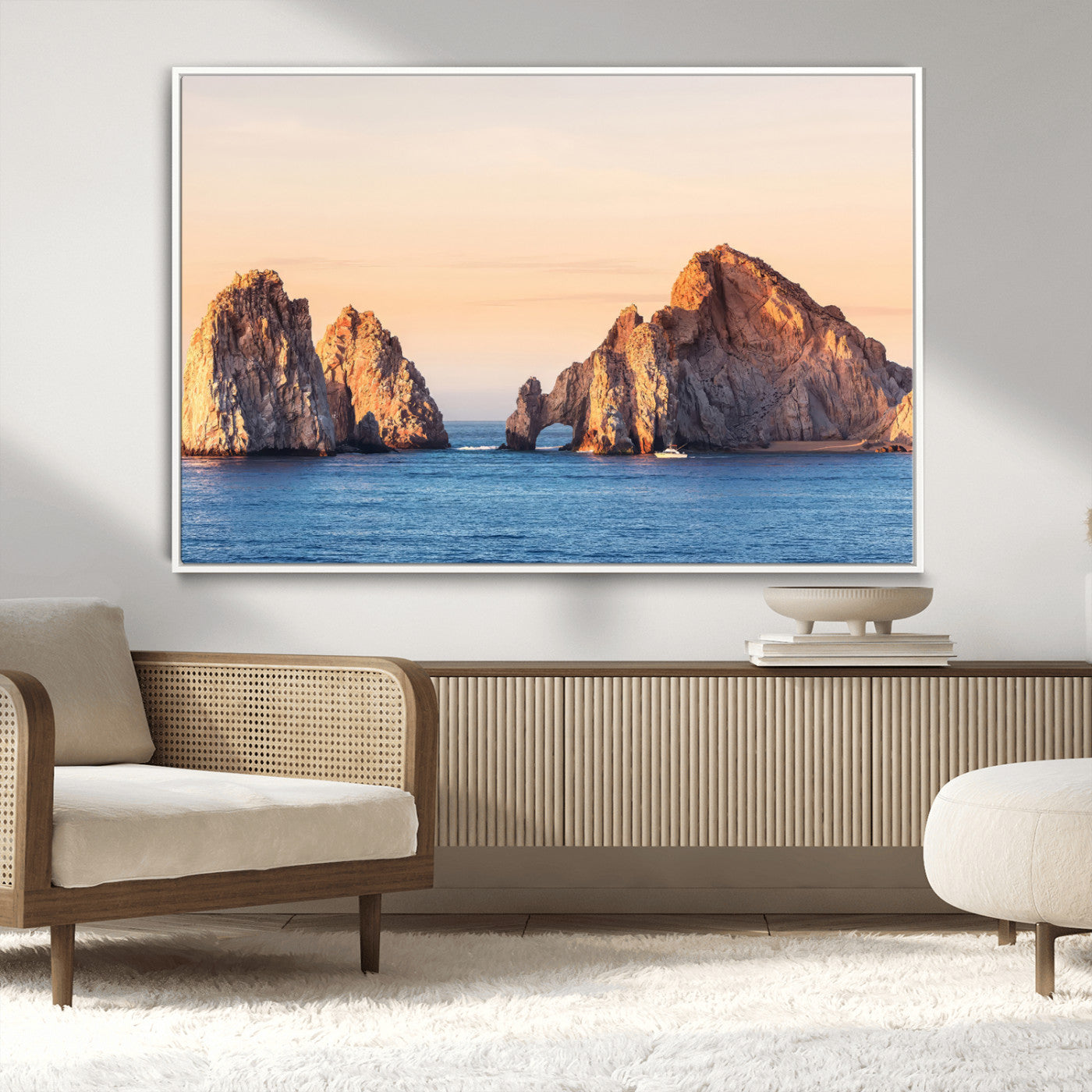 72996116-MGV-CV-36X24-El Arco Wall Art Canvas Print, Framed Cabo Rocks Art Picture Print, Ocean Arch Perfect Golden Coastal Landmark Decor Artwork