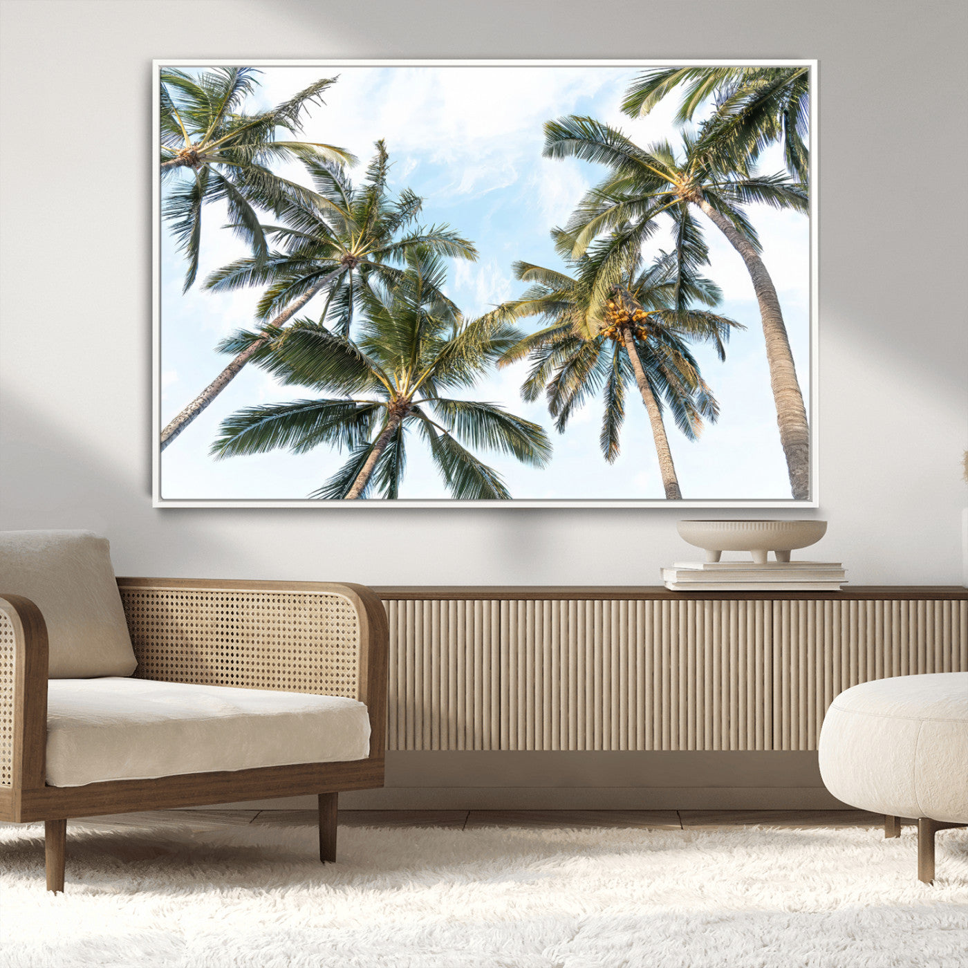 87247012-MGV-CV-36X24-Skyward Palm Trees Wall Art Canvas Print, Framed Tropical Sky Art Picture Print, Coconut Palm Perfect Tropical Skyview Decor