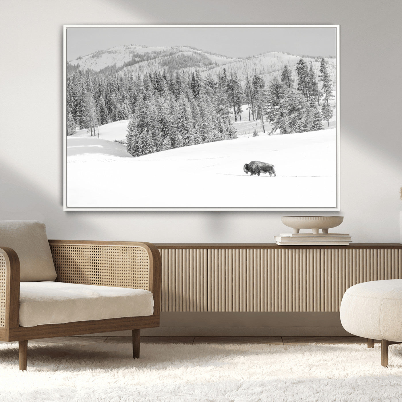 68081143-MGV-CV-36X24-Snowy Bison Wall Art Canvas Print, Framed Winter Forest Art Picture Print, Lone Bison Perfect Monochrome Winter Wild Decor Artwork