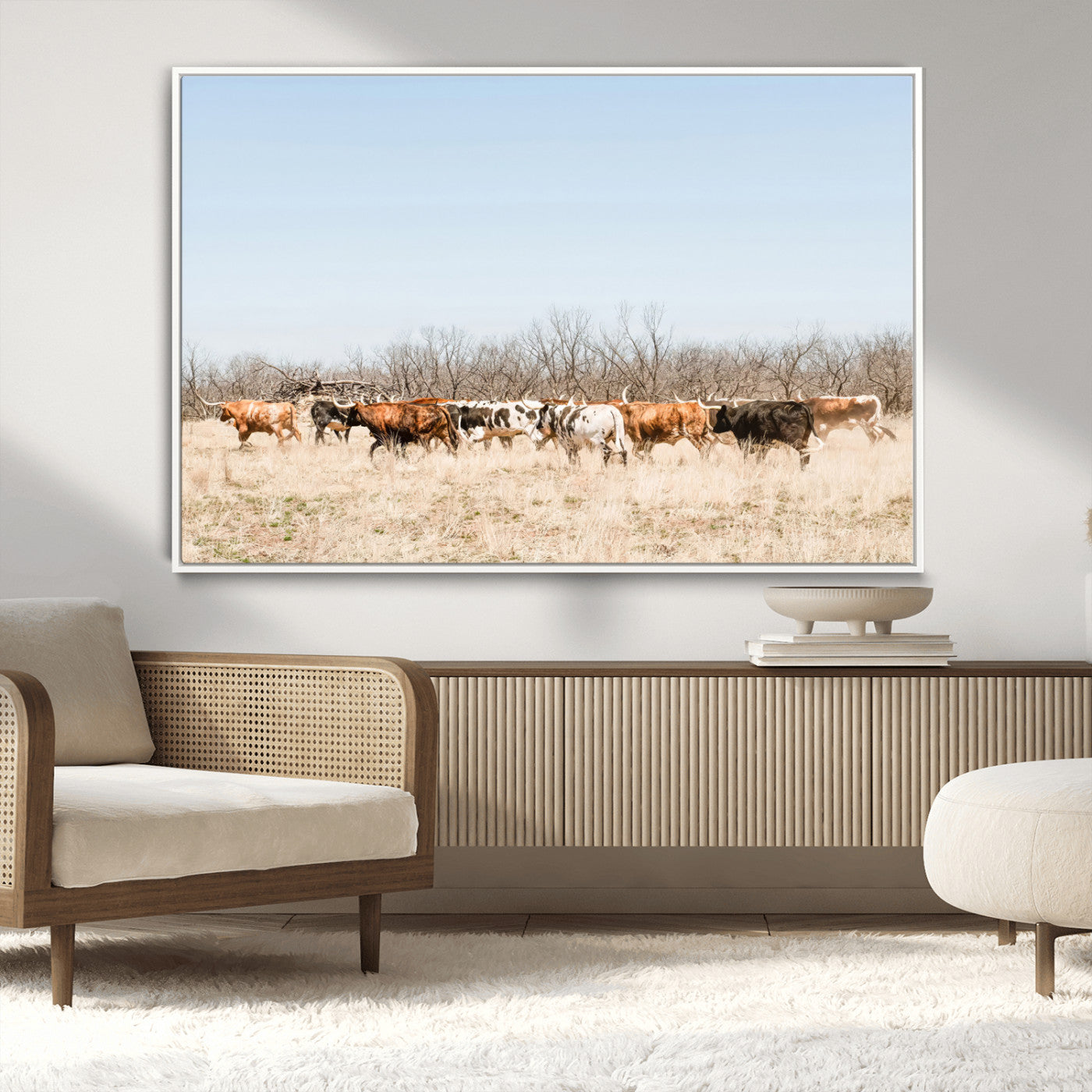 16563092-MGV-CV-36X24-Texas Longhorns Wall Art Canvas Print, Framed Western Cattles Art Picture Print, Rustic Herd Perfect Rustic Farmhouse Decor