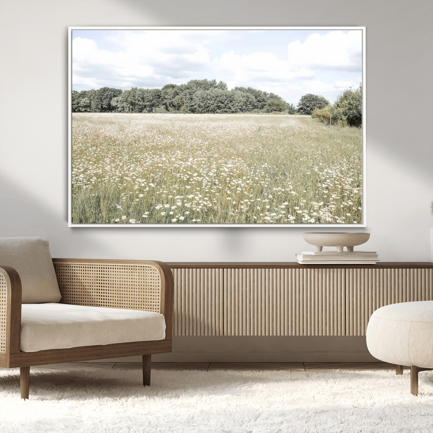 43258946-MGV-CV-36X24-Daisy Field Wall Art Canvas Print, Framed Pastel Flower Art Picture Print, Meadow Bloom Perfect Scandinavian Minimalist Decor