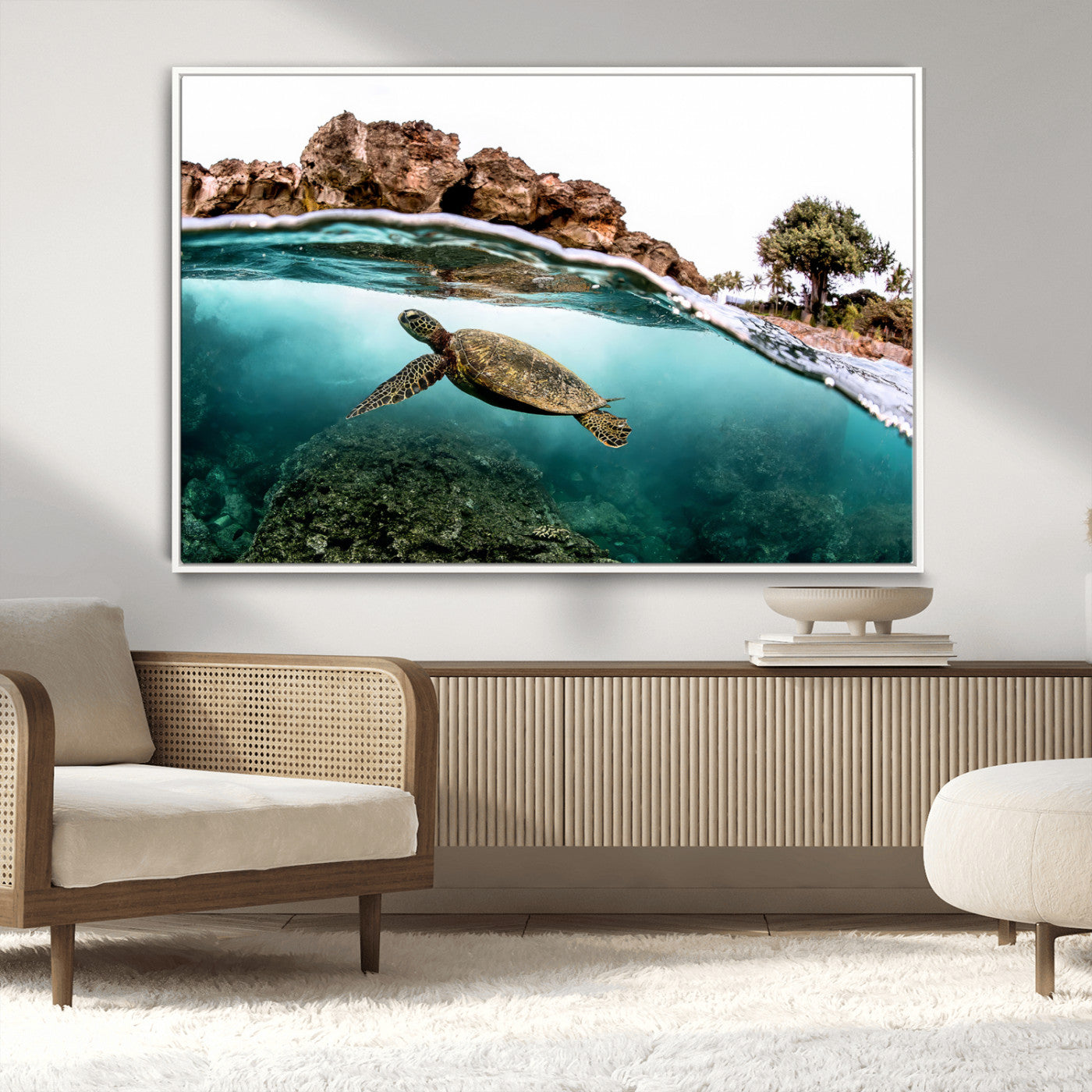 44200301-MGV-CV-36X24-Sea Turtle Swim Wall Art Canvas Print, Framed Ocean Life Art Picture Print, Tropical Shoreline Perfect Tropical Coastal Decor