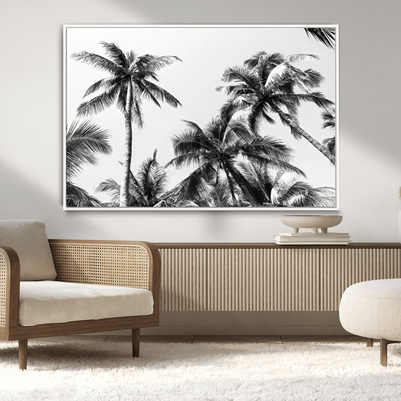 46641801-MGV-CV-36X24-Palm Tree Wall Art Canvas Print, Framed Black White Tropics Art Picture Print, Monochrome Palms Perfect Modern Tropical Minimalist