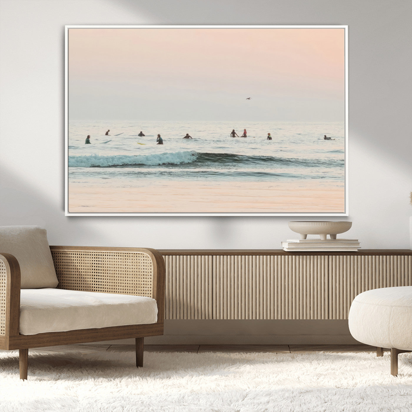 98888919-MGV-CV-36X24-Pastel Ocean Wall Art Canvas Print, Framed Soft Sunset Swimming Art Picture Print, Calm Sea Horizon Perfect Soft Coastal