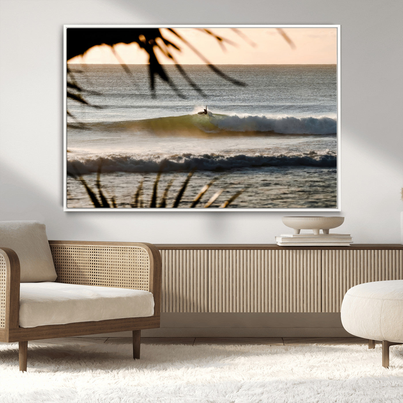 24896468-MGV-CV-36X24-Sunset Surf Wall Art Canvas Print, Framed Golden Waves Art Picture Print, Tropical Ocean Perfect Tropical Boho Decor Artwork