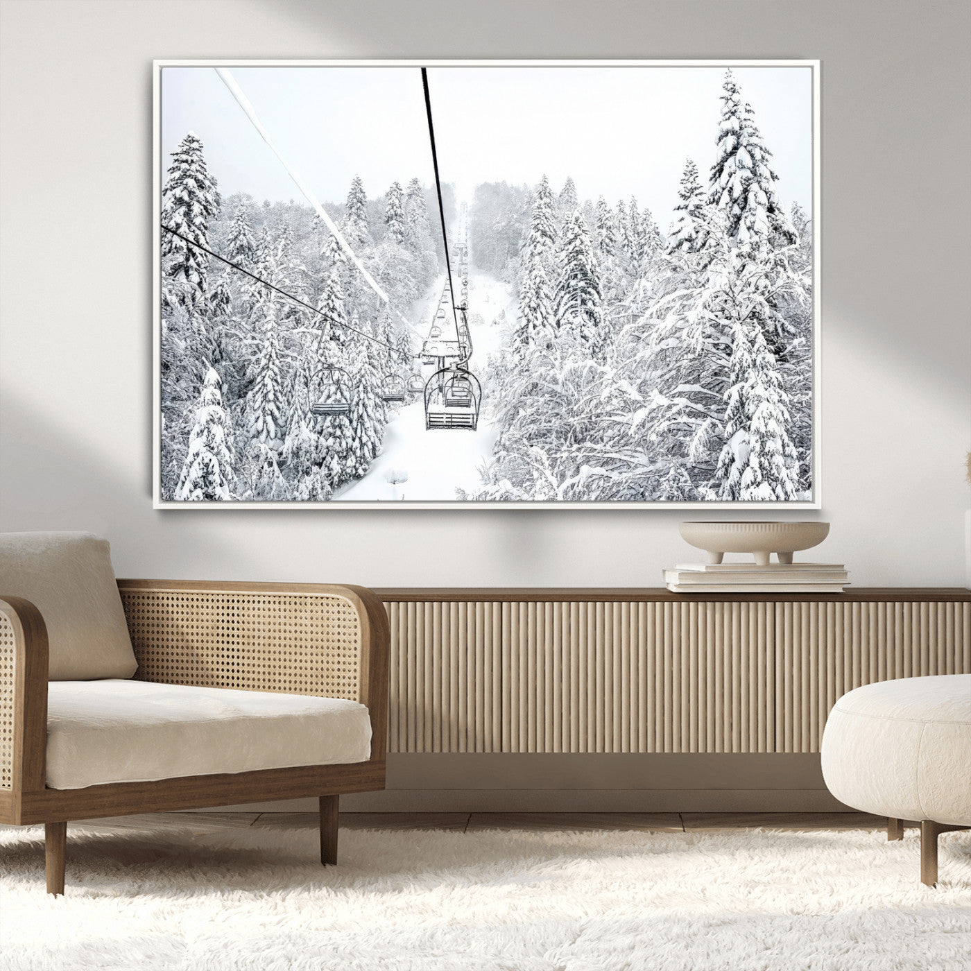 44705668-MGV-CV-36X24-Winter Forest Wall Art Canvas Print, Framed Snowy Forest Art Picture Print, Ski Lift Perfect Scandinavian Decor Artwork