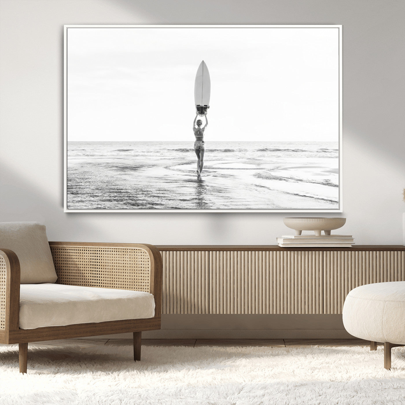 98446901-MGV-FC-36X24_White-Monochrome Surf Wall Art Canvas Print, Framed Minimalist Surfer Art Picture Print, Surfboard Silhouette Perfect Coastal Minimalist