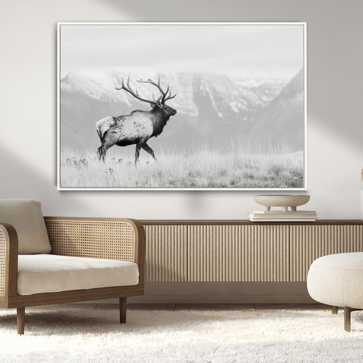 62278753-MGV-CV-36X24-Monochrome Elk Wall Art Canvas Print, Framed Mountain Wildlife Art Picture Print, Rustic Nature Perfect Rustic Minimalist Decor